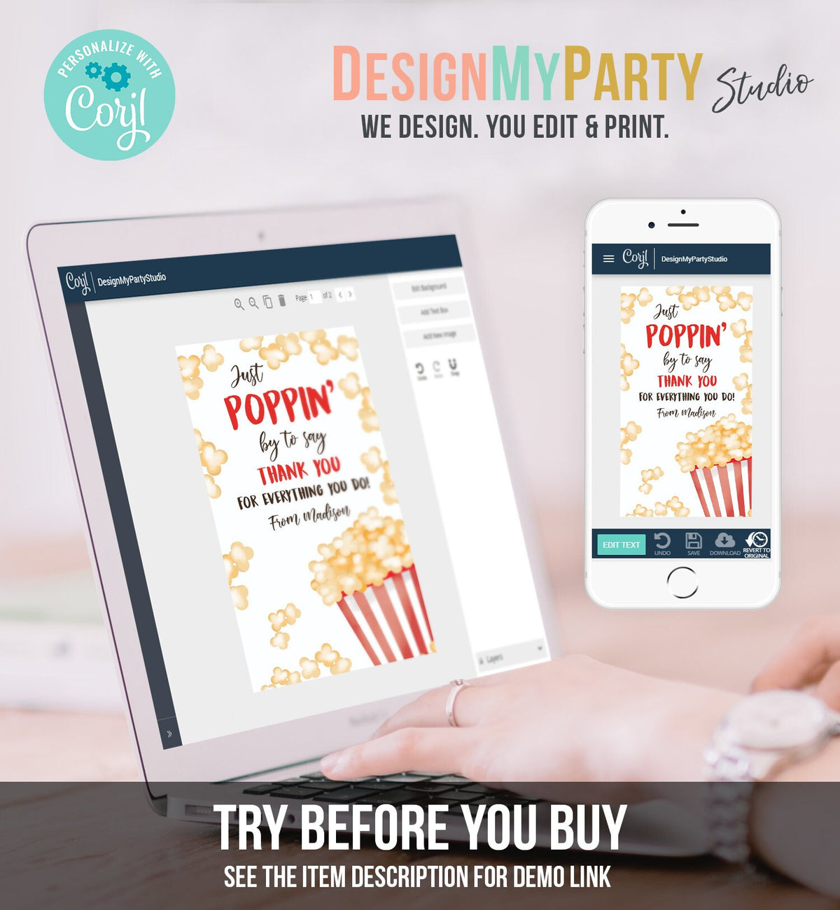 Editable Popcorn Appreciation Tag Thank You Tag Teacher Tag Popcorn Gift Tag Poppin by to Say Thank You Tag Digital Template Printable 0464
