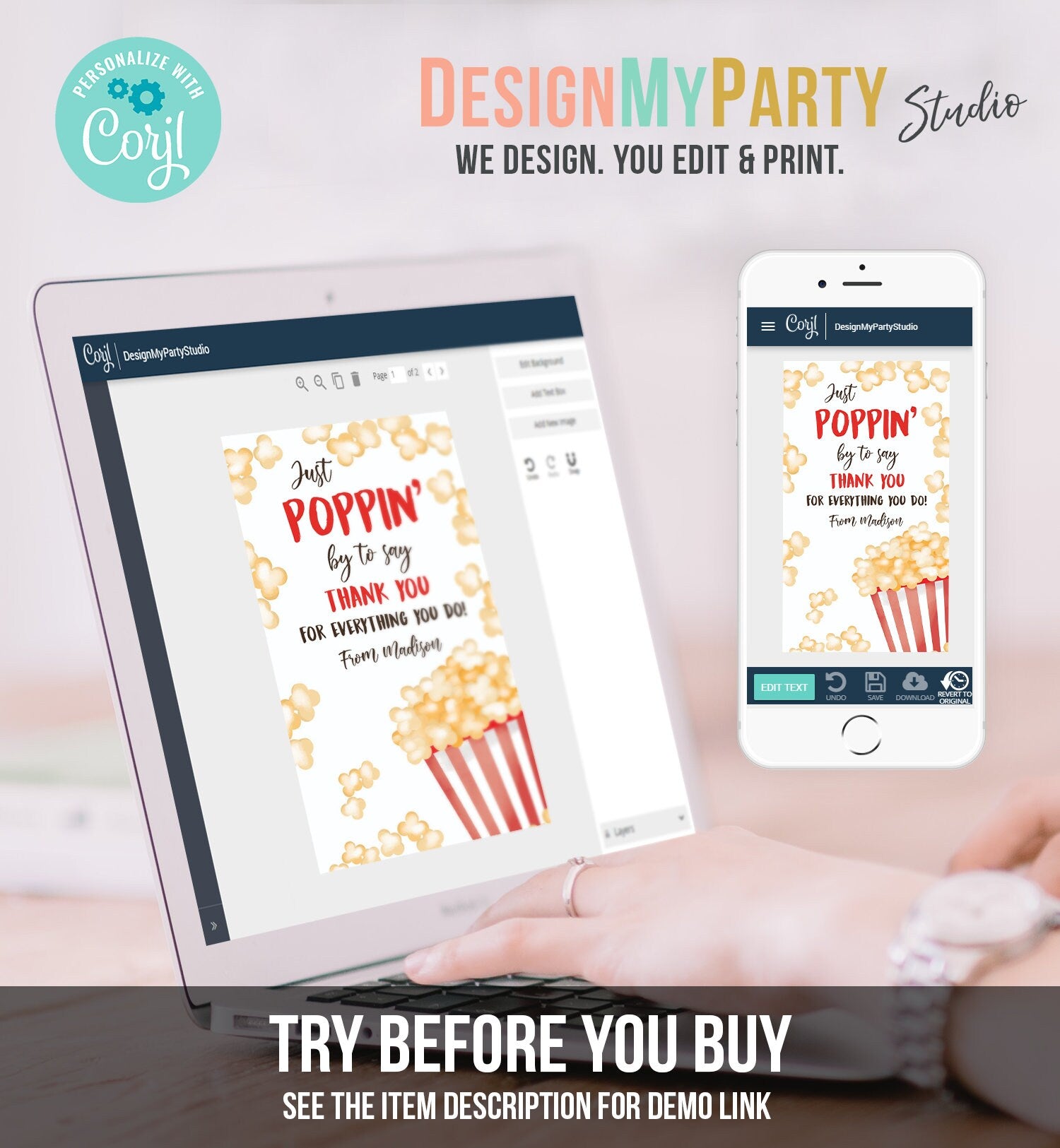Editable Popcorn Appreciation Tag Thank You Tag Teacher Tag Popcorn Gift Tag Poppin by to Say Thank You Tag Digital Template Printable 0464