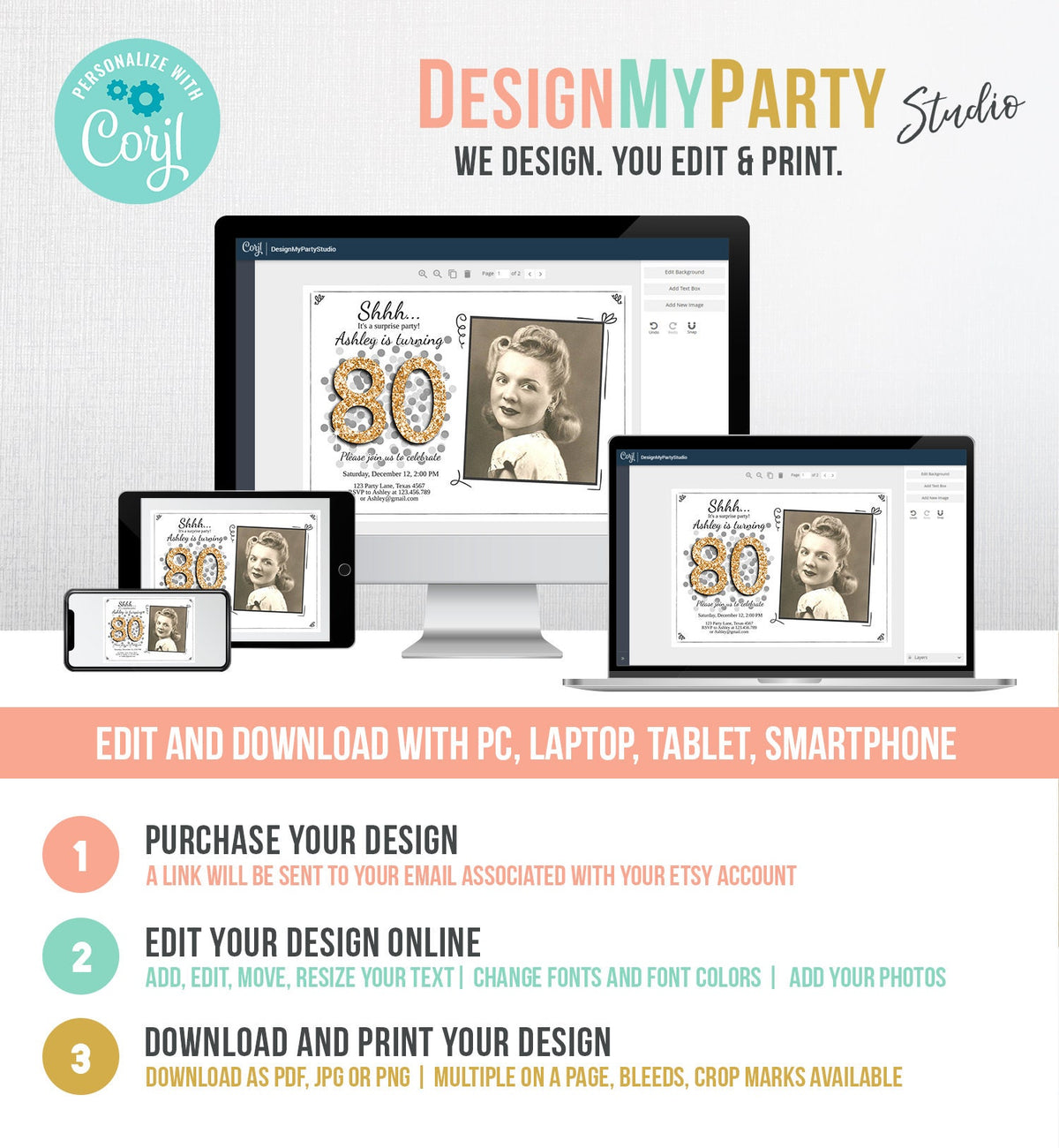 Editable ANY AGE Surprise Birthday Invitation Adult 80th Party Rustic Chalk Black Gold Glitter Photo Download Corjl Template Printable 0103