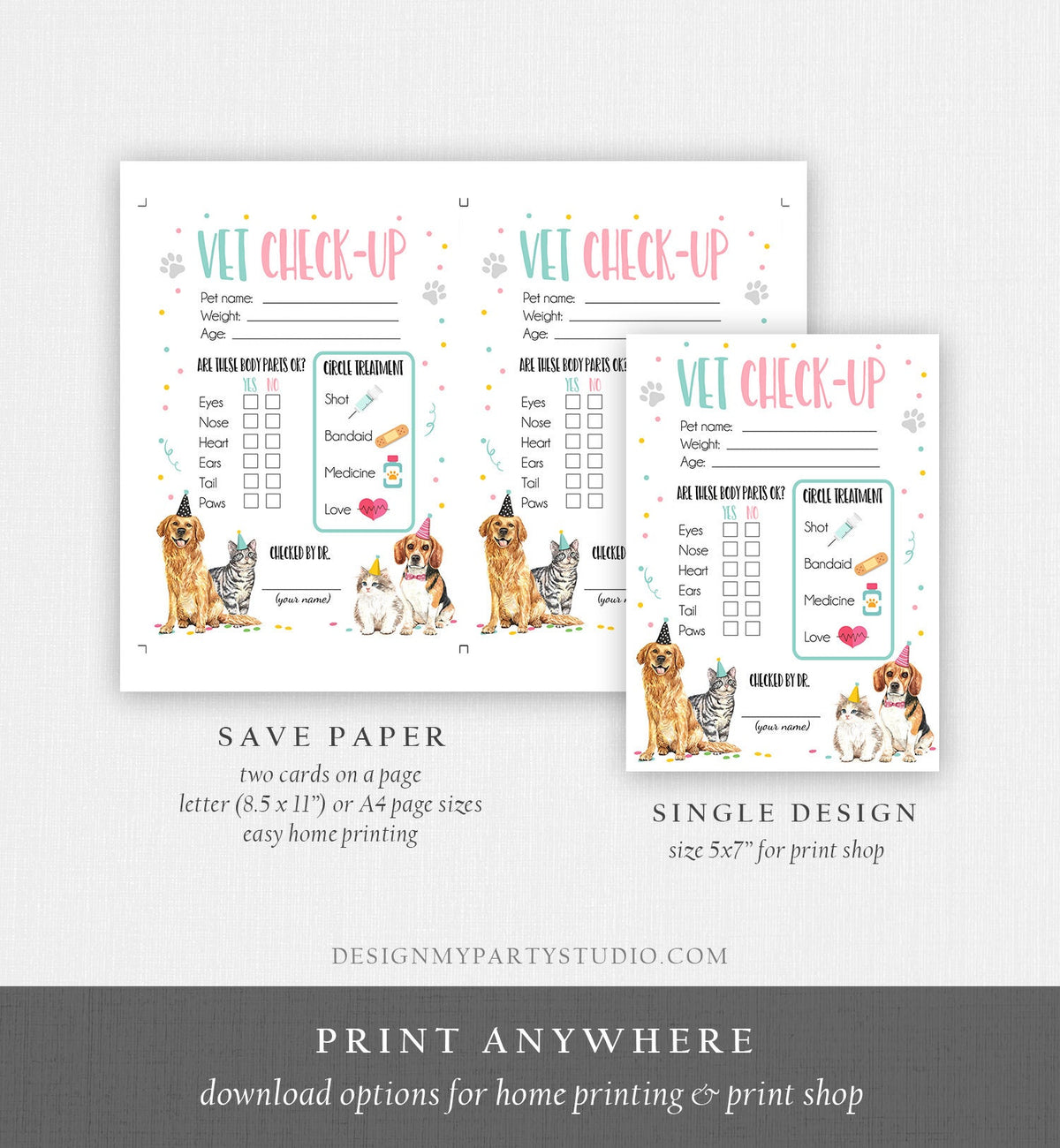Vet Check Up Exam Sheet Pet Check-Up Dog Cat Birthday Party Puppy Kitten Vet Hospital Adoption Adopt a Pet Girl Download Printable 0384