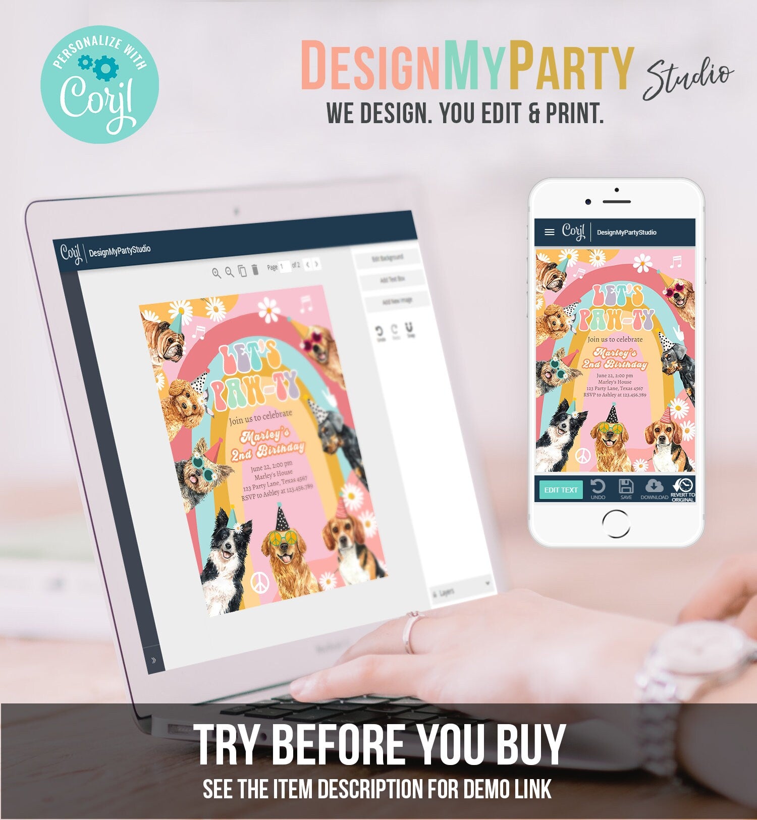 Editable Groovy Dog Birthday Party Invitation Retro Groovy Puppy Girl Doggy Daisy Lets Pawty Digital Download Evite Template Printable 0463