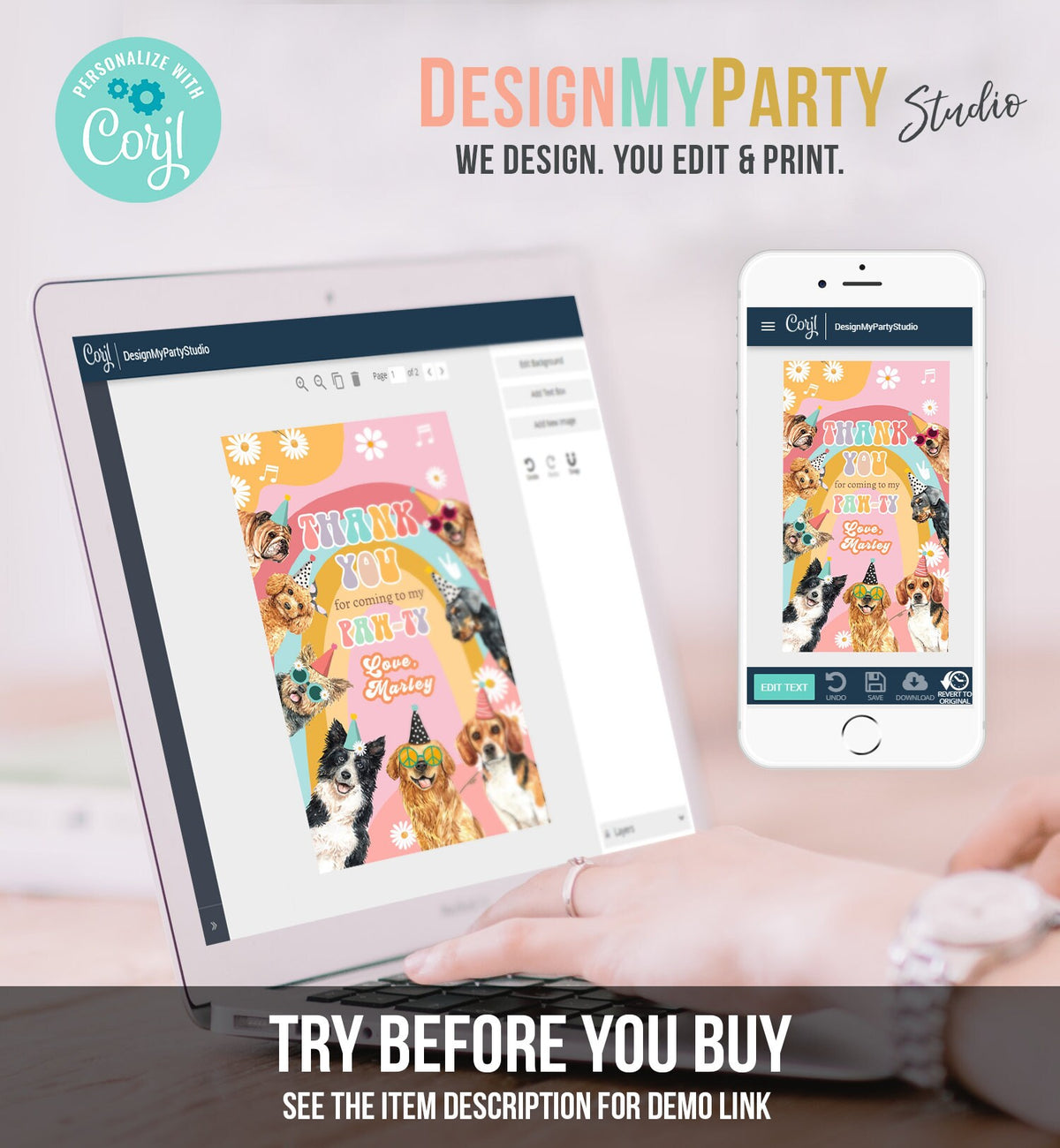 Editable Groovy Puppy Favor tags Retro Dog Birthday Thank you tag Girl Pink Puppies Pup Pet Hippie Groovy Dog Template PRINTABLE Corjl 0463