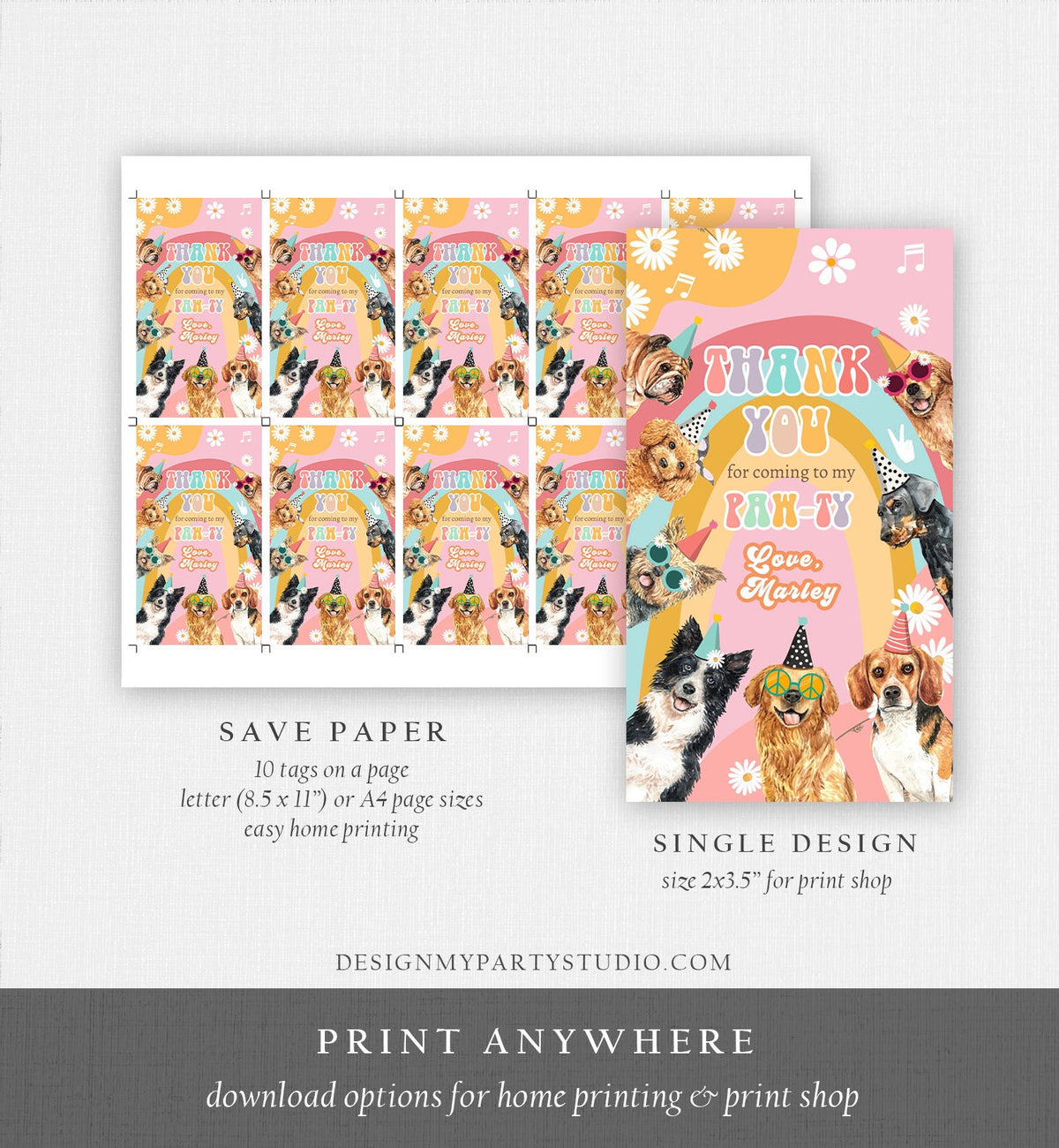 Editable Groovy Puppy Favor tags Retro Dog Birthday Thank you tag Girl Pink Puppies Pup Pet Hippie Groovy Dog Template PRINTABLE Corjl 0463