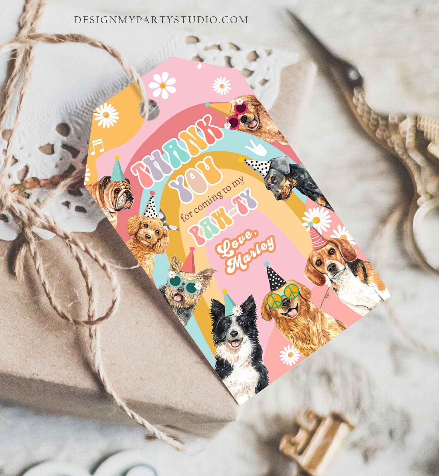 Editable Groovy Puppy Favor tags Retro Dog Birthday Thank you tag Girl Pink Puppies Pup Pet Hippie Groovy Dog Template PRINTABLE Corjl 0463
