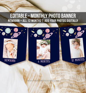Editable Outer Space Birthday Banner Monthly Photo Banner First Trip Around the Sun Galaxy Purple Download Corjl Template Printable 0357