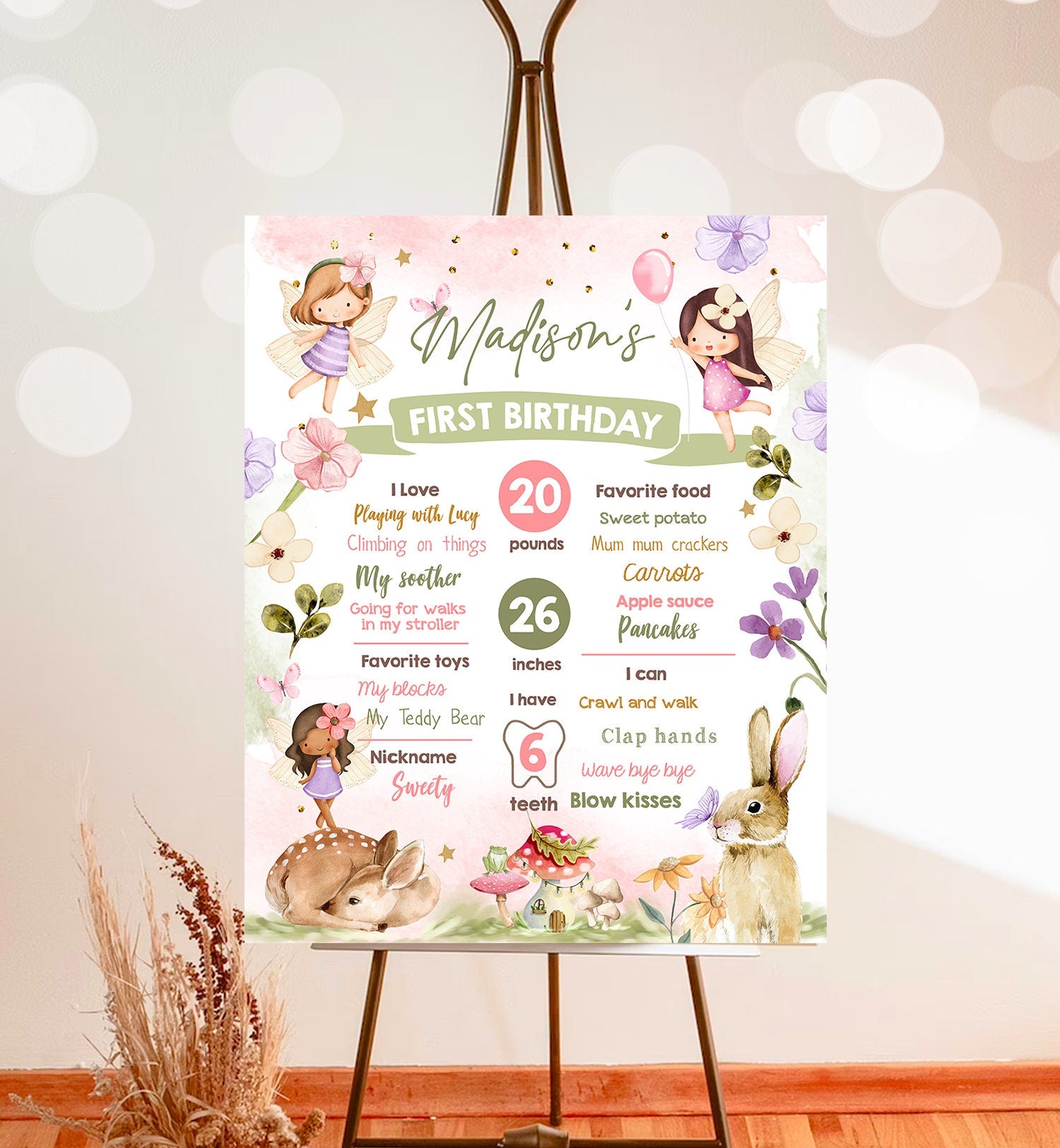 Editable Fairy Birthday Milestones Sign Fairy Tea Party Girl Birthday Garden Party Fairy First Birthday Stats Digital Template Download 0438