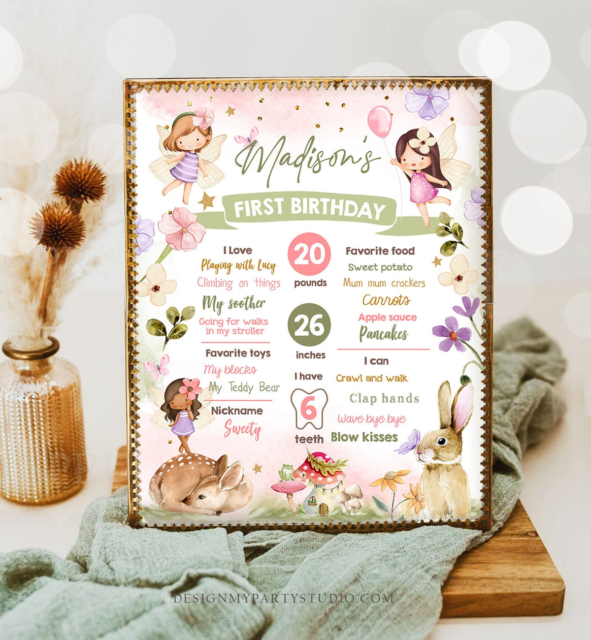 Editable Fairy Birthday Milestones Sign Fairy Tea Party Girl Birthday Garden Party Fairy First Birthday Stats Digital Template Download 0438