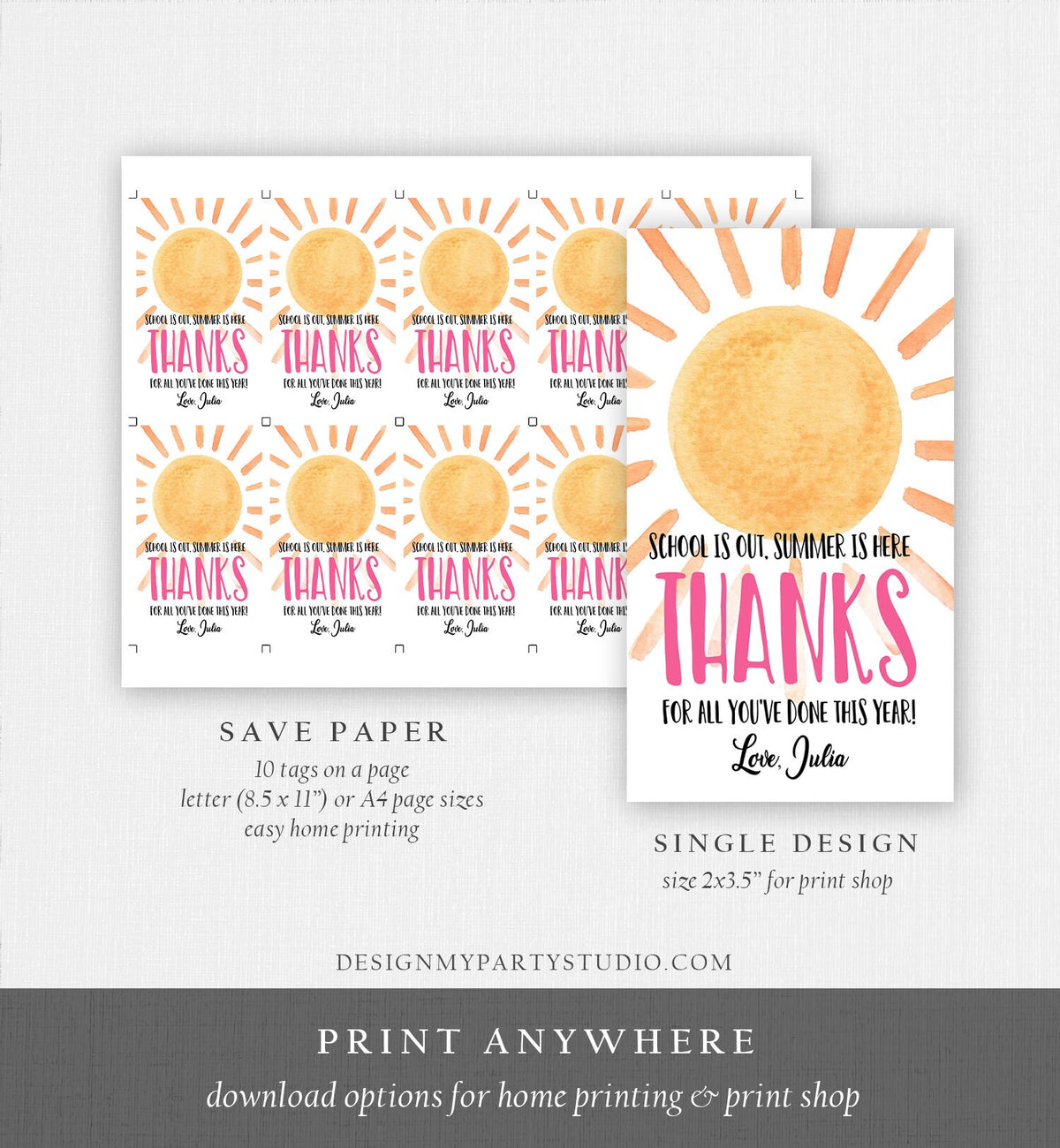 Editable Teacher Appreciation Gift Tags Sunshine Thank You Tag Schools Out Summer End of Year Tag Digital Template Printable 0141 0464
