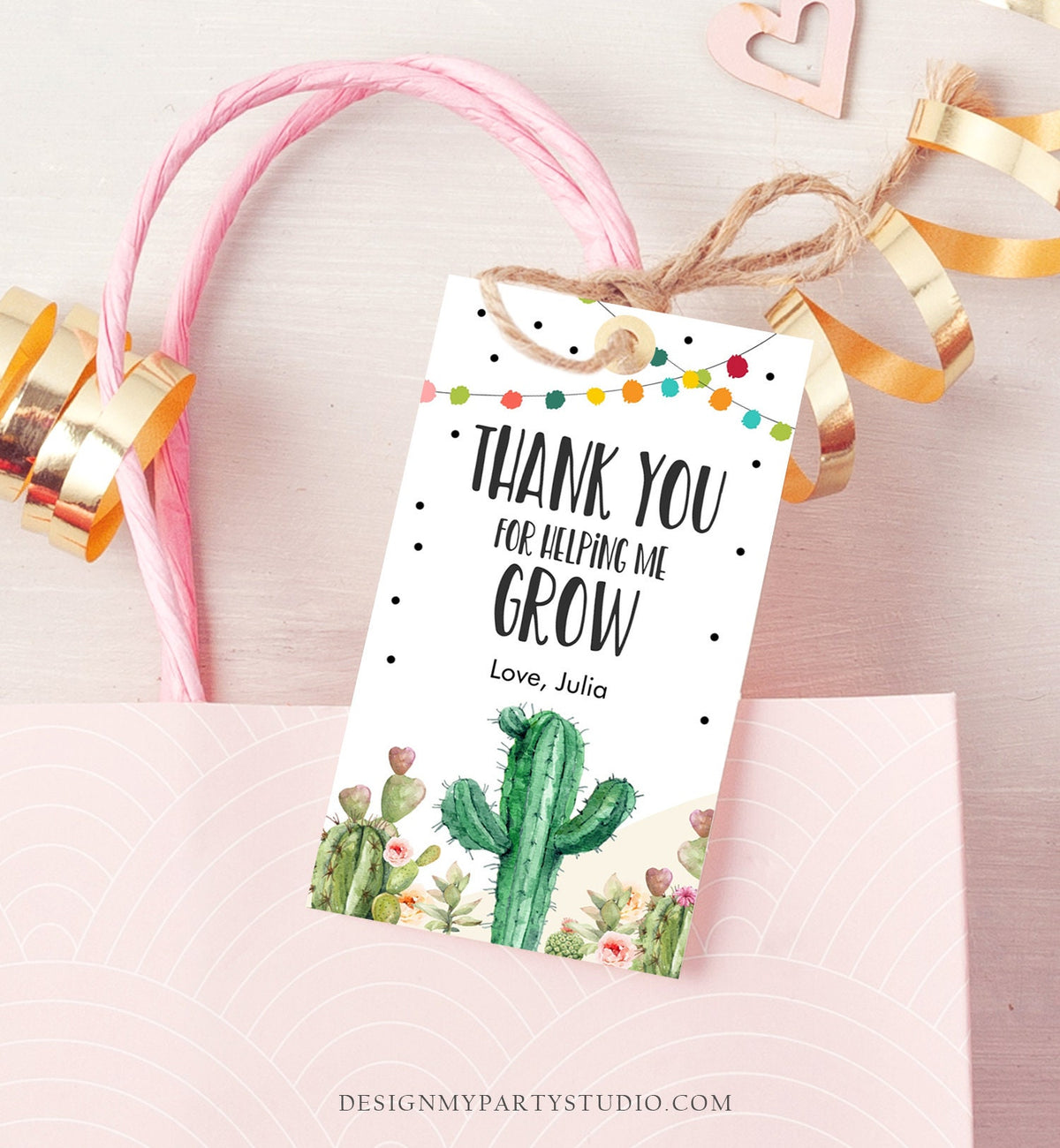 Editable Teacher Appreciation Favor Tags Thank You for Helping me Grow Succulent Fiesta Cactus Teacher Tag Digital Template Printable 0464
