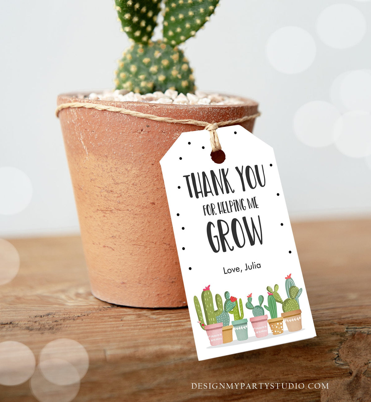 Editable Teacher Appreciation Favor Tags Thank You for Helping me Grow Succulent Fiesta Cactus Teacher Tag Digital Template Printable 0464