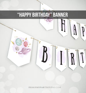 Happy Birthday Banner Outer Space Planets Banner Girl Galaxy Purple Birthday Decorations Rocket Instant Download PRINTABLE DIGITAL DIY 0357