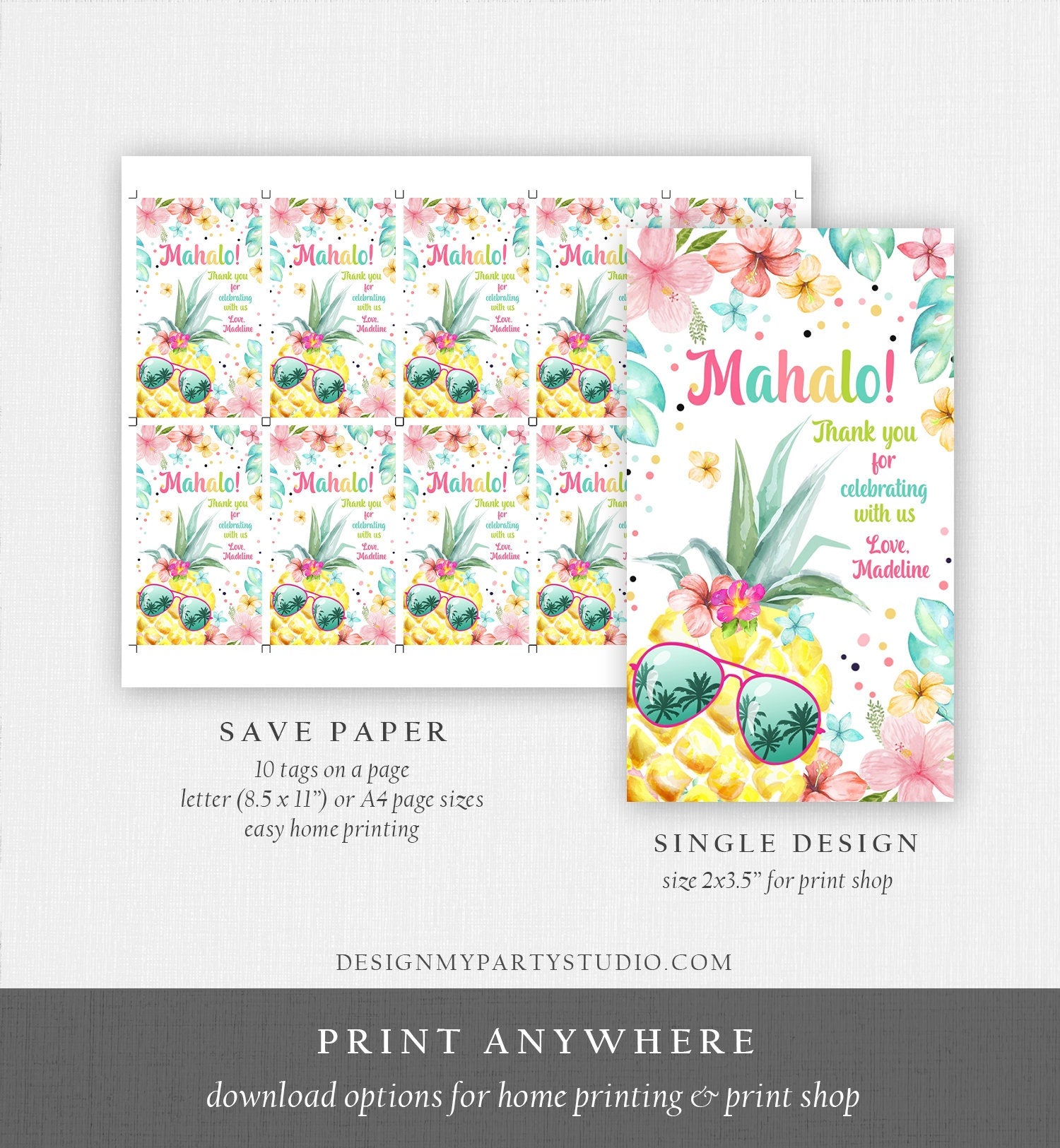 Editable Tropical Aloha Hawaiian Favor Tag Luau Birthday Party Pineapple Favor Tag Mahalo Pool Party Girl Digital Template Printable 0391