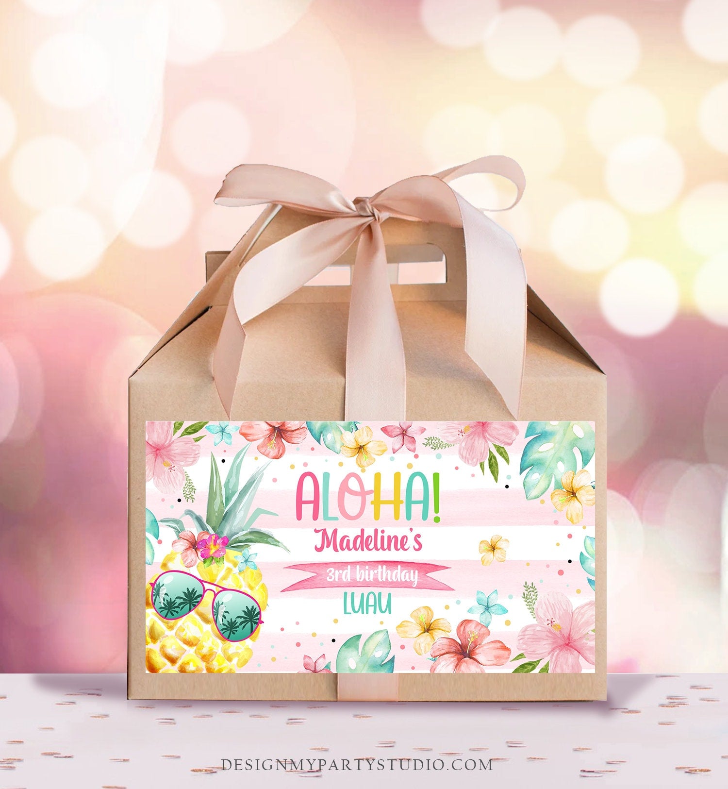 Editable Pineapple Gable Gift Box Label Hawaiian Luau Birthday Girl Treat Box Tropical Summer Pool Party Digital Template Printable 0391
