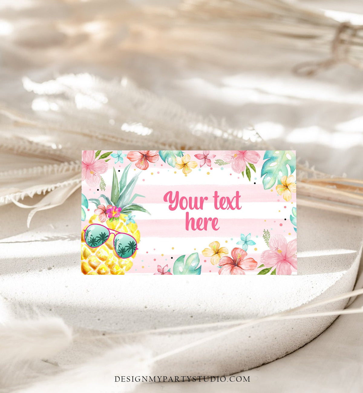 Editable Pineapple Food Labels Luau Birthday Party Food Cards Tent Card Girl Pink Tropical Name Pool Party Hawaiian Template Printable 0391