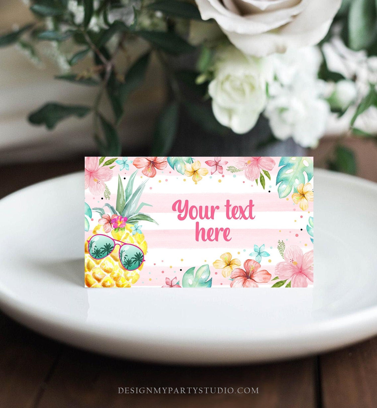 Editable Pineapple Food Labels Luau Birthday Party Food Cards Tent Card Girl Pink Tropical Name Pool Party Hawaiian Template Printable 0391