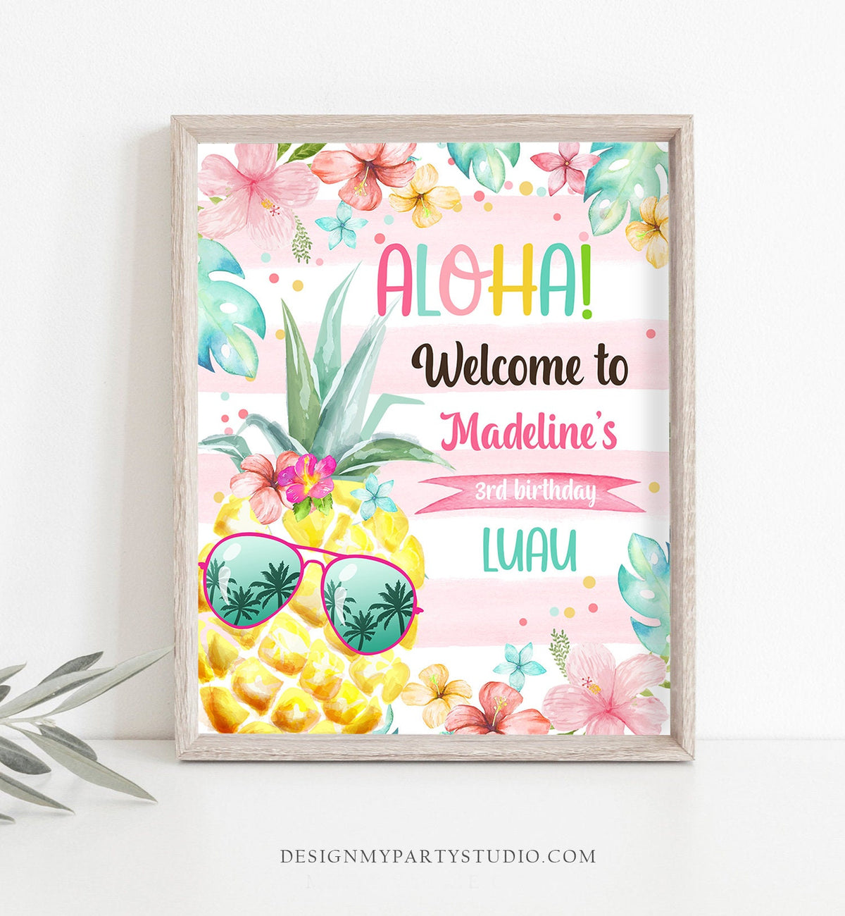 Editable Pineapple Welcome Sign Tropical Hawaiian Luau Birthday Sign Girl Pink Aloha Party Welcome Poster Digital Template Printable 0391