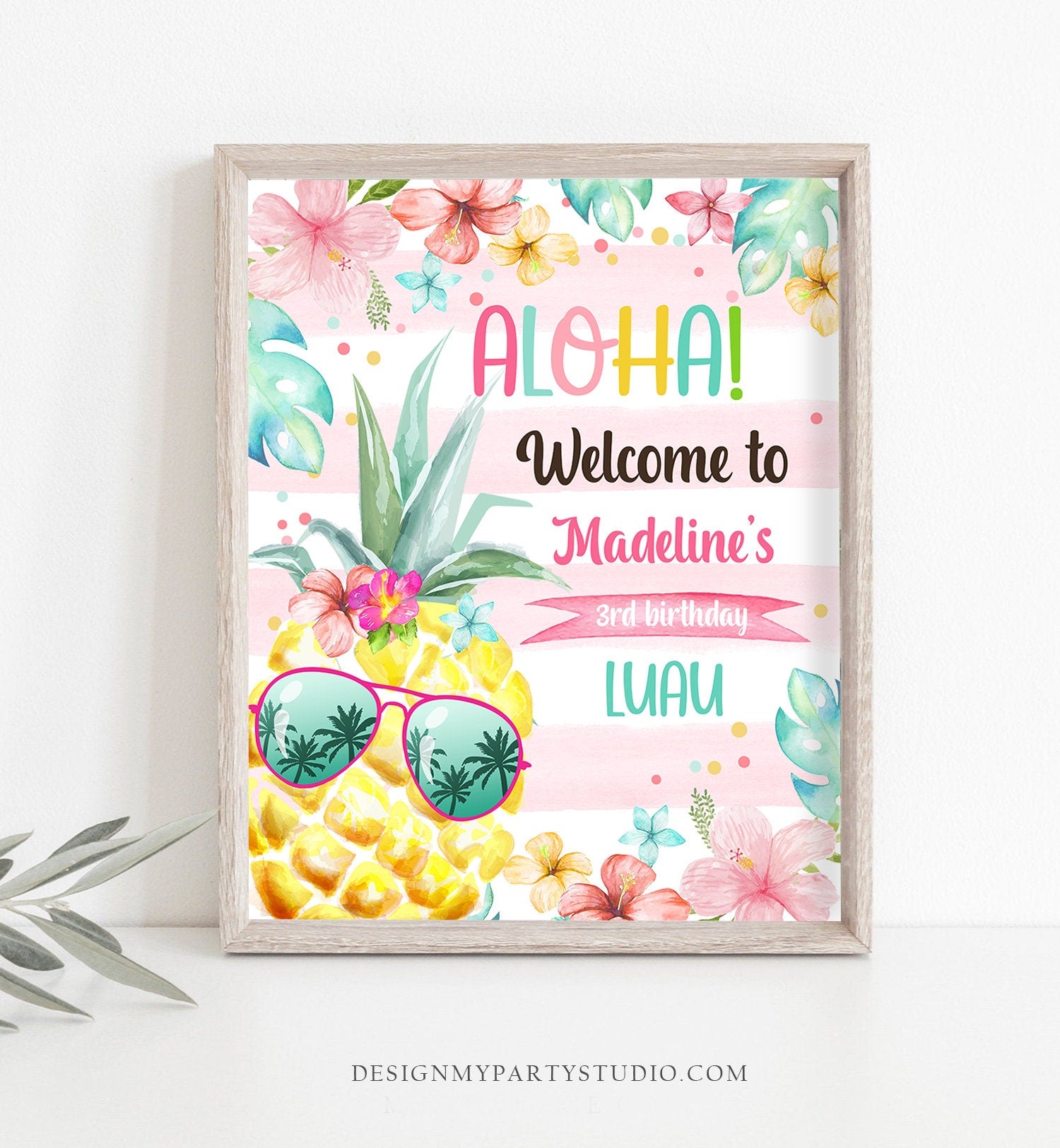 Editable Pineapple Welcome Sign Tropical Hawaiian Luau Birthday Sign Girl Pink Aloha Party Welcome Poster Digital Template Printable 0391