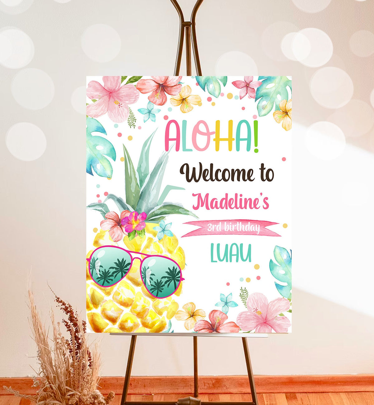 Editable Pineapple Welcome Sign Tropical Hawaiian Luau Birthday Sign Girl Pink Aloha Party Poster Digital Download Template Printable 0391