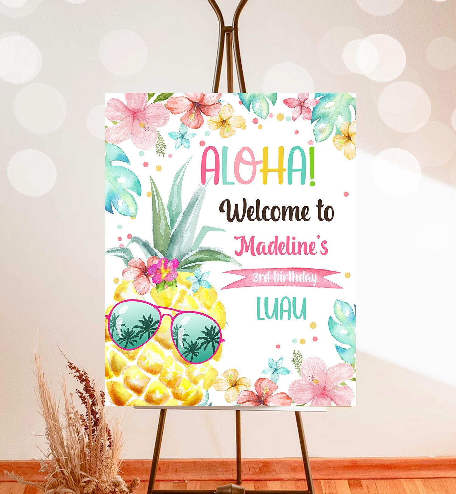 Editable Pineapple Welcome Sign Tropical Hawaiian Luau Birthday Sign Girl Pink Aloha Party Poster Digital Download Template Printable 0391