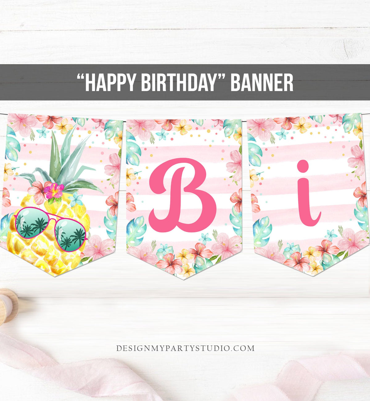 Pineapple Happy Birthday Banner Aloha Tropical Pink Hawaiian Birthday Luau Party Hawaii 1st Birthday Girl Instant Download Printable 0391