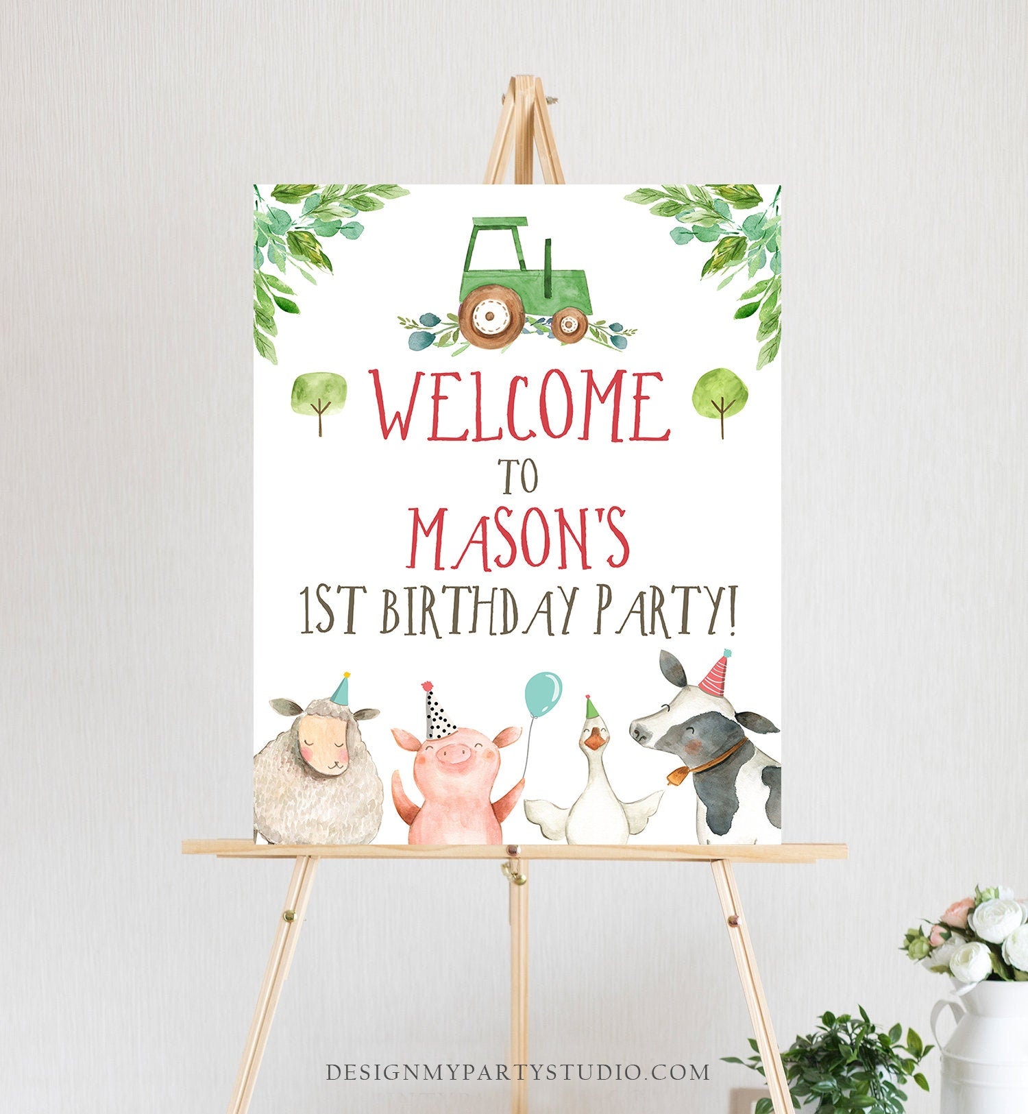 Editable Farm Birthday Welcome Sign Boy Barnyard Birthday Welcome Sign Farm Animals Green Tractor Barn Country Template Corjl PRINTABLE 0155