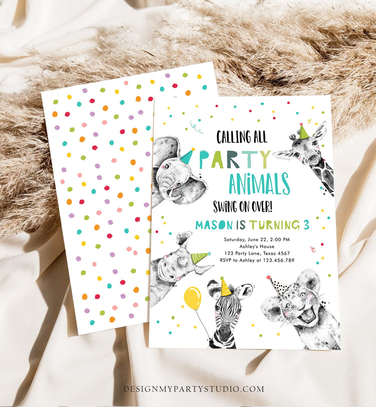 Editable Party Animals Birthday Invitation Calling All Animals Zoo Safari Animals Boy Green Neutral Download Template Corjl Printable 0390