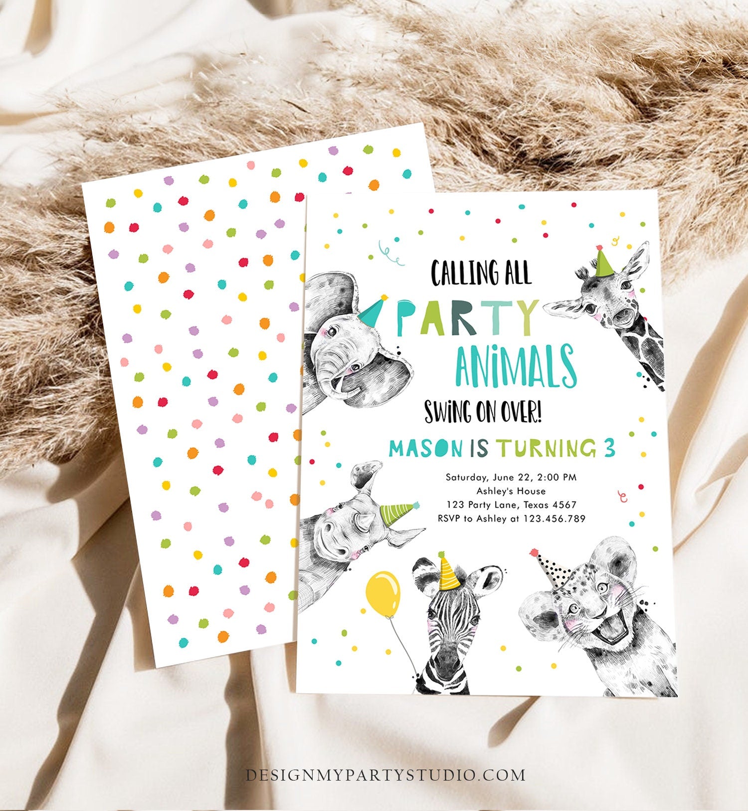 Editable Party Animals Birthday Invitation Calling All Animals Zoo Safari Animals Boy Green Neutral Download Template Corjl Printable 0390