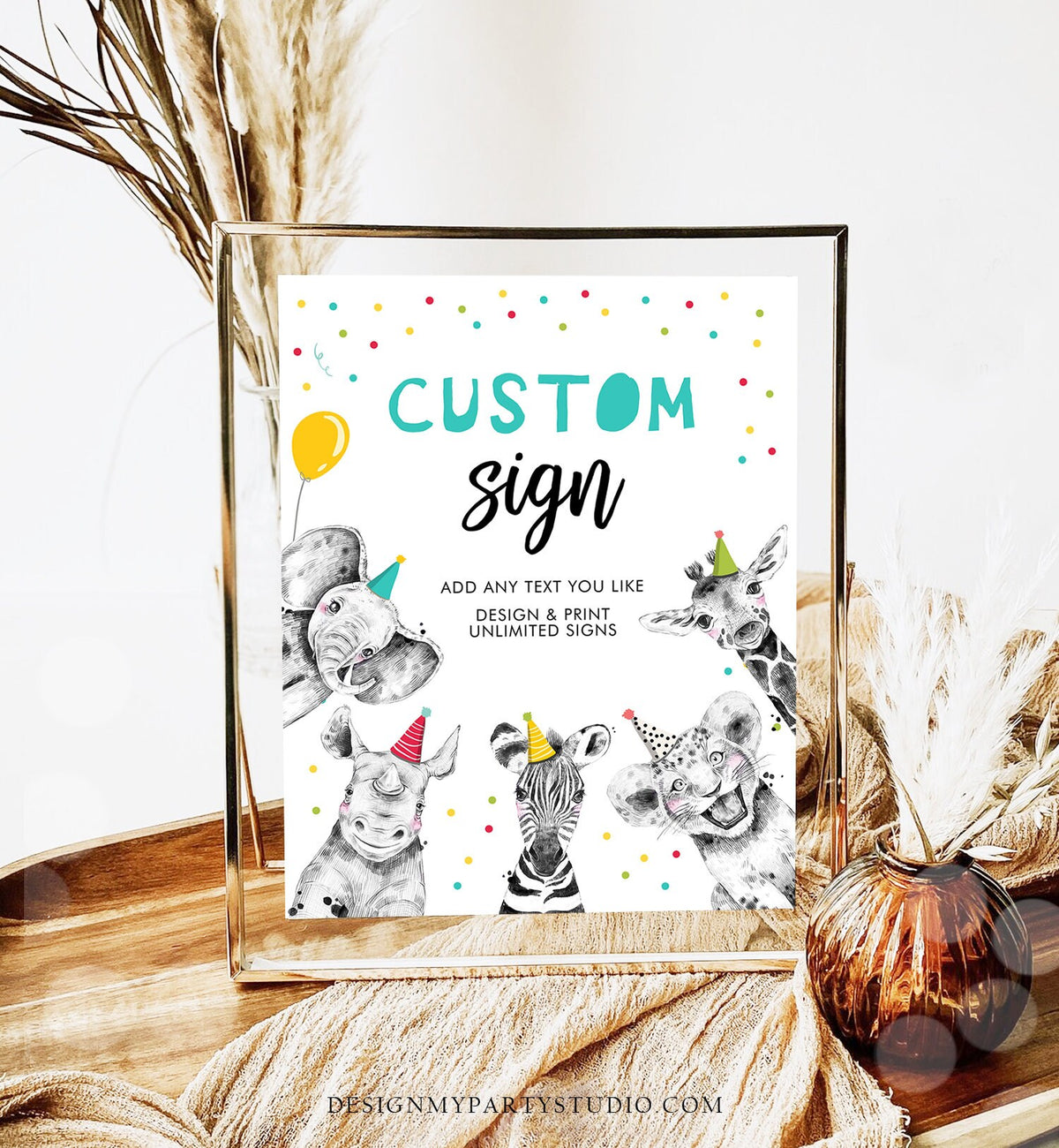 Editable Custom Sign Party Animals Sign Wild One Animals Decor Zoo Safari Animals Boy Table Decor Digital Download Template Printable 0390