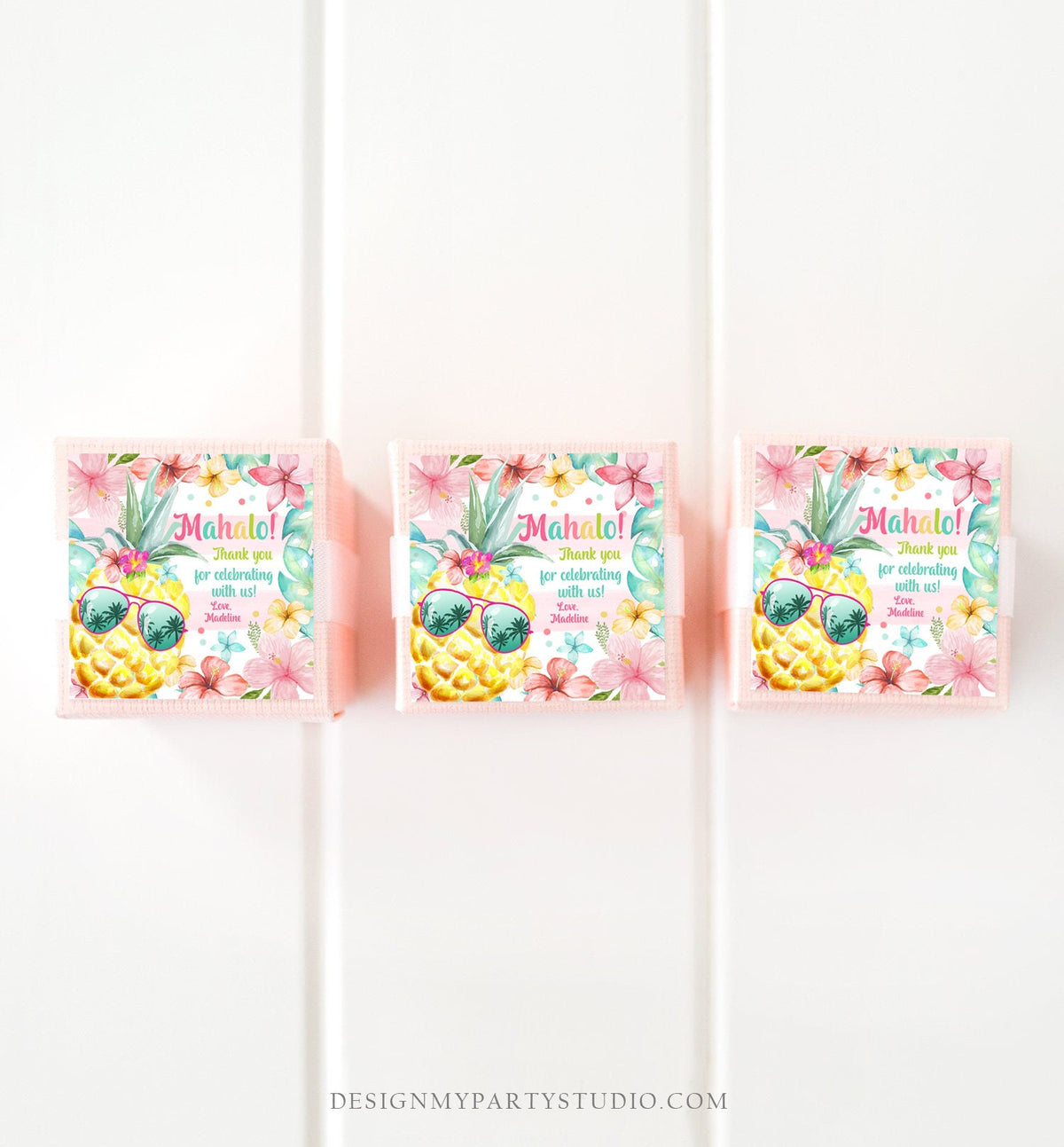 Editable Tropical Aloha Hawaiian Favor Tag Luau Birthday Party Pineapple Sticker Mahalo Pool Party Pink Girl Digital Template Printable 0391