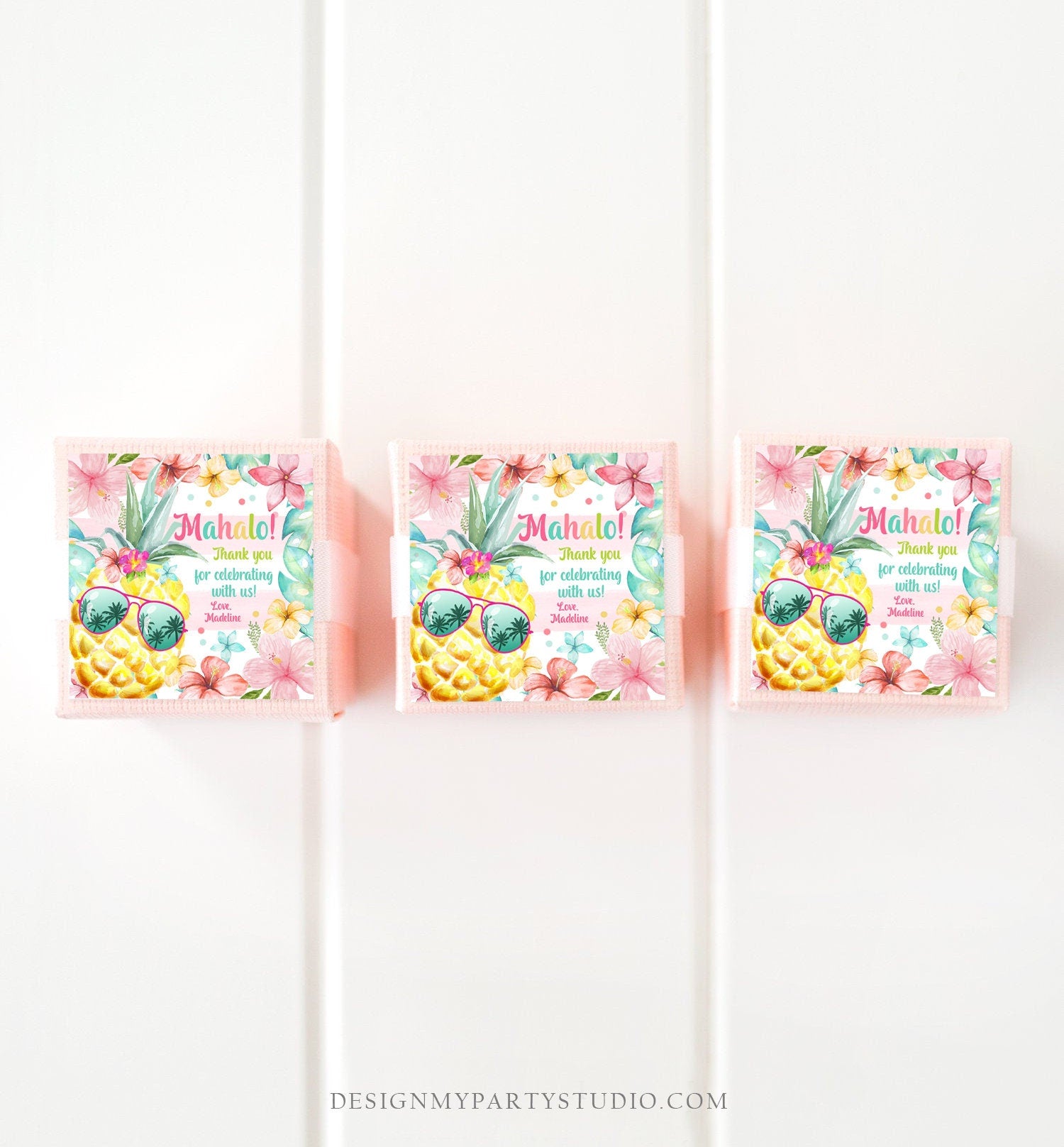 Editable Tropical Aloha Hawaiian Favor Tag Luau Birthday Party Pineapple Sticker Mahalo Pool Party Pink Girl Digital Template Printable 0391