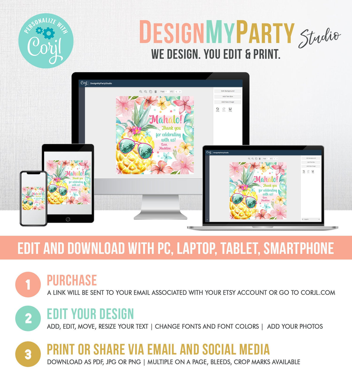 Editable Tropical Aloha Hawaiian Favor Tag Luau Birthday Party Pineapple Sticker Mahalo Pool Party Pink Girl Digital Template Printable 0391