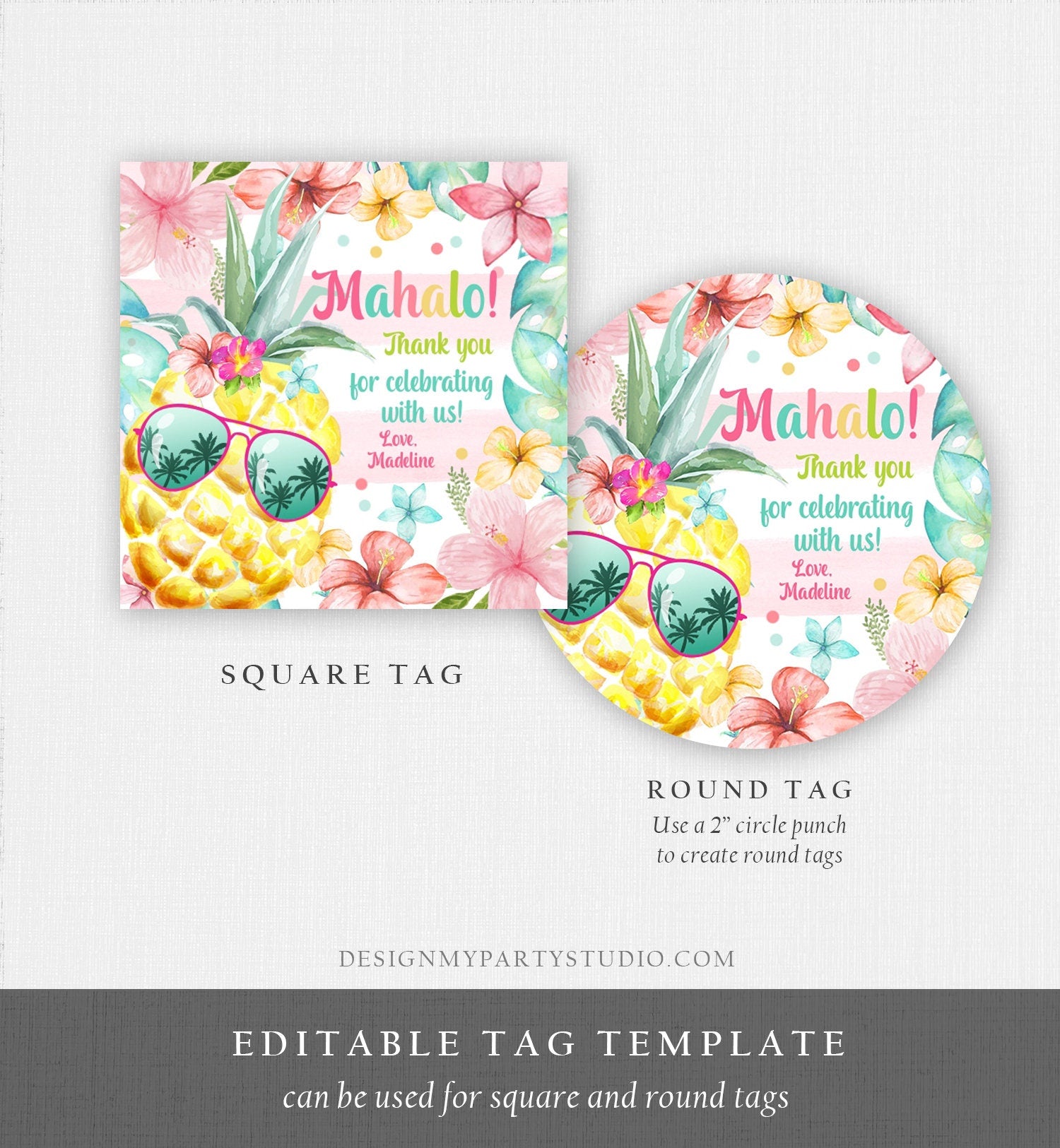 Editable Tropical Aloha Hawaiian Favor Tag Luau Birthday Party Pineapple Sticker Mahalo Pool Party Pink Girl Digital Template Printable 0391
