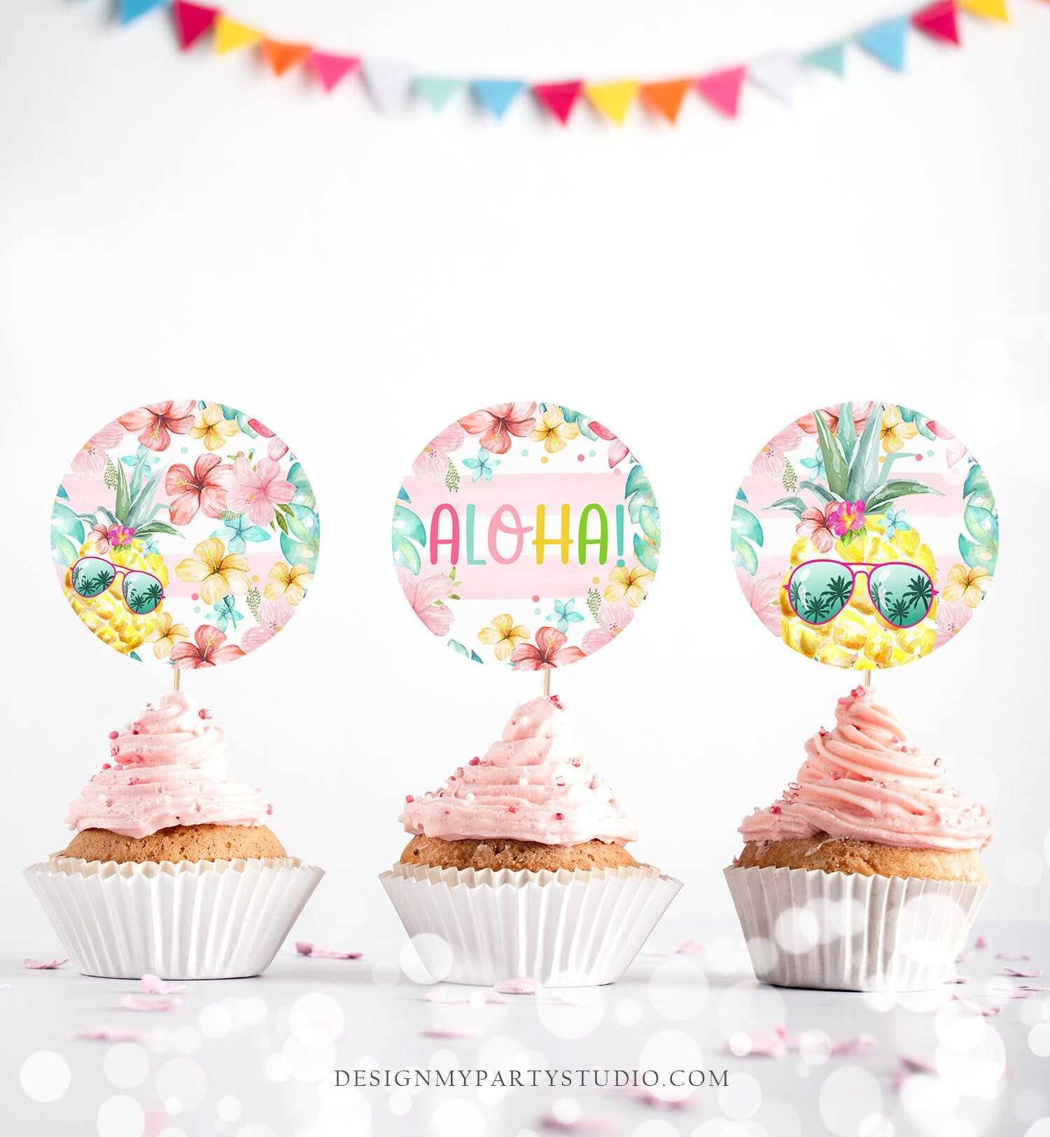 Pineapple Cupcake Toppers Favor Tags Hawaiian Birthday Party Decoration Luau Birthday Party Pool Party Girl Download Digital PRINTABLE 0391