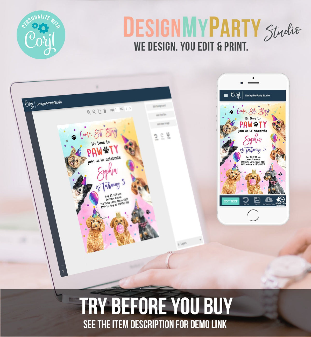 Editable Dog Birthday Party Invitation Puppy Birthday Invite Pink Girl Doggy Shelter Animal Pet Vet Download Printable Template Corjl 0460