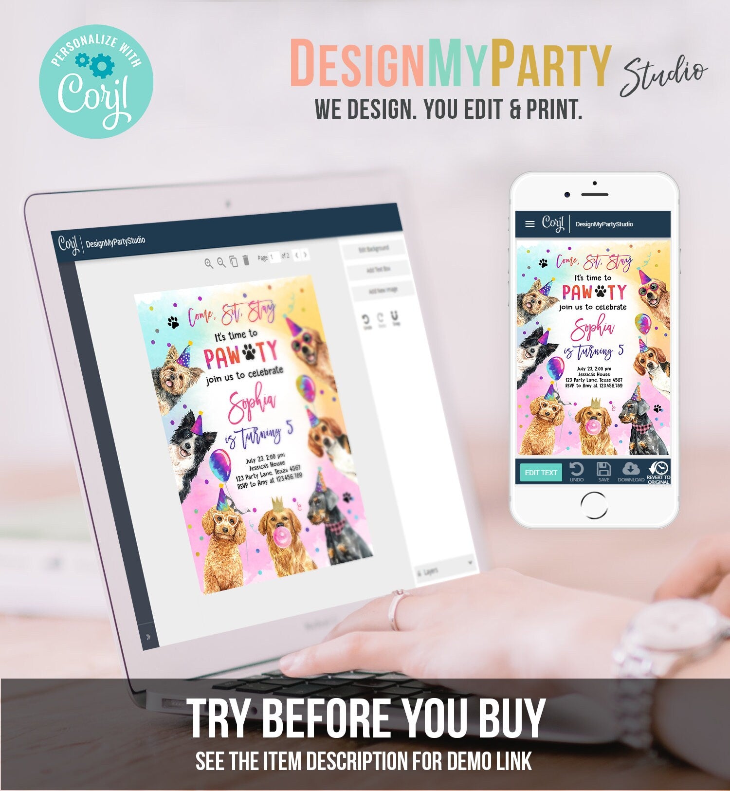 Editable Dog Birthday Party Invitation Puppy Birthday Invite Pink Girl Doggy Shelter Animal Pet Vet Download Printable Template Corjl 0460