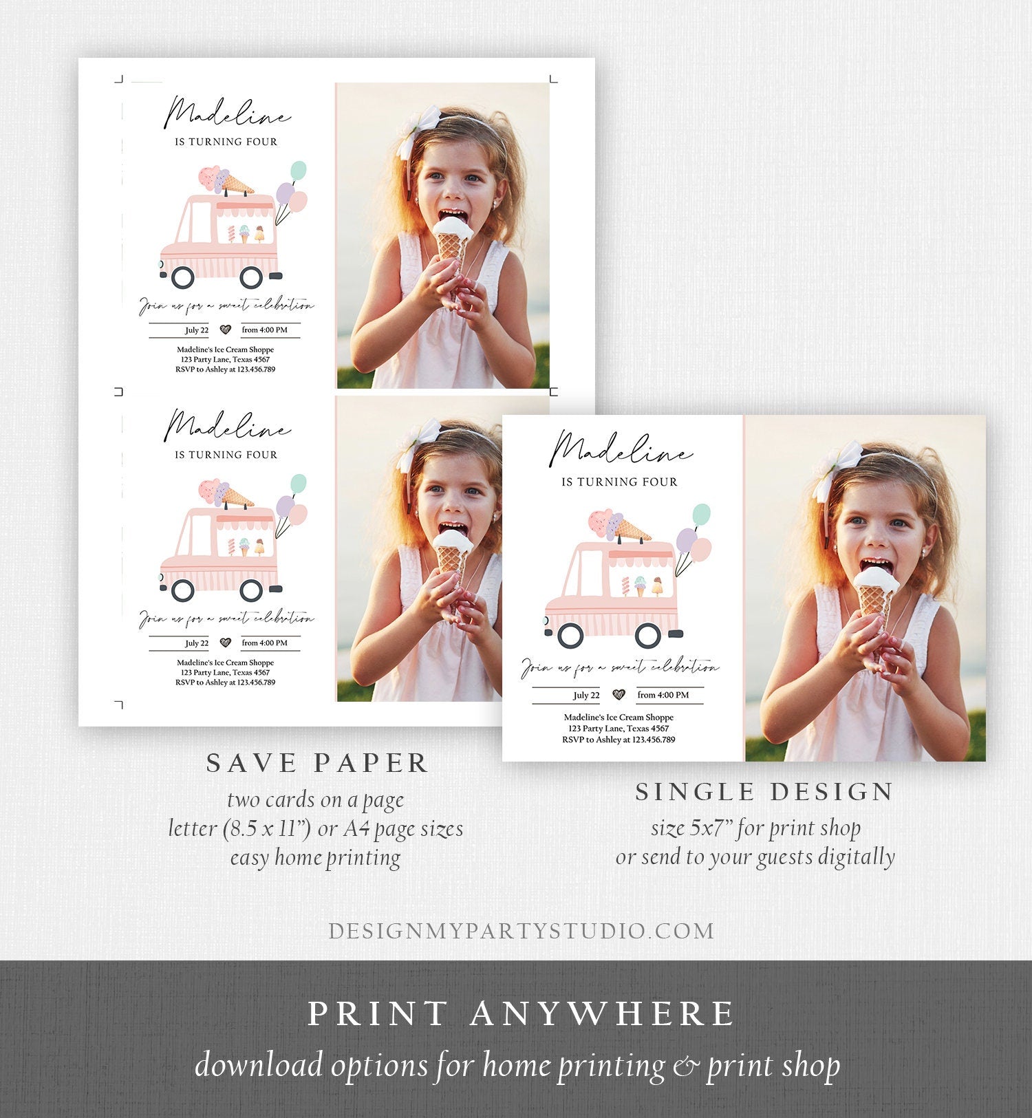 Editable Ice Cream Truck Birthday Invitation Ice Cream Truck Invite Modern Ice Cream Shoppe Van The Scoop Girl Photo Template Printable 0415
