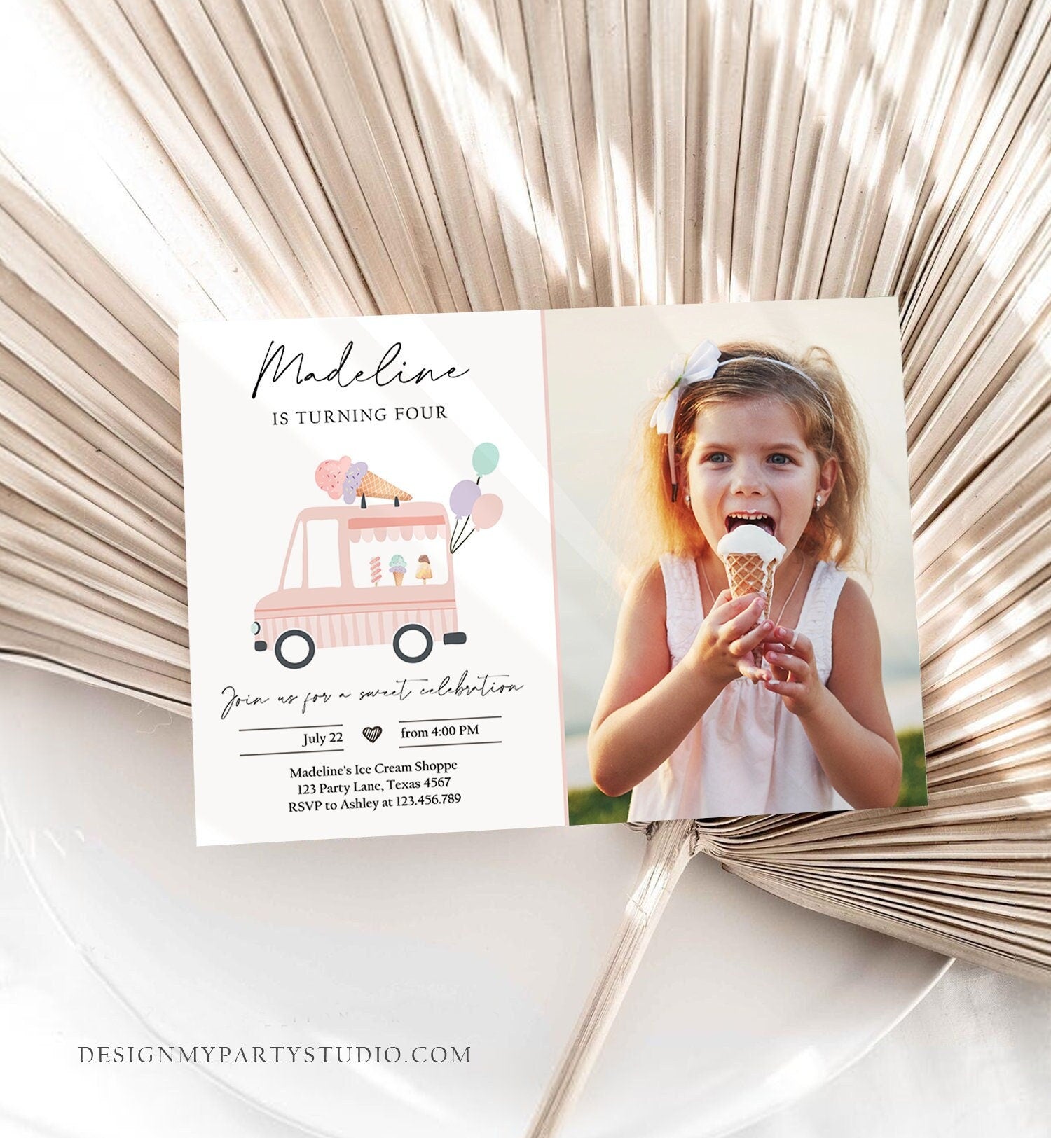 Editable Ice Cream Truck Birthday Invitation Ice Cream Truck Invite Modern Ice Cream Shoppe Van The Scoop Girl Photo Template Printable 0415