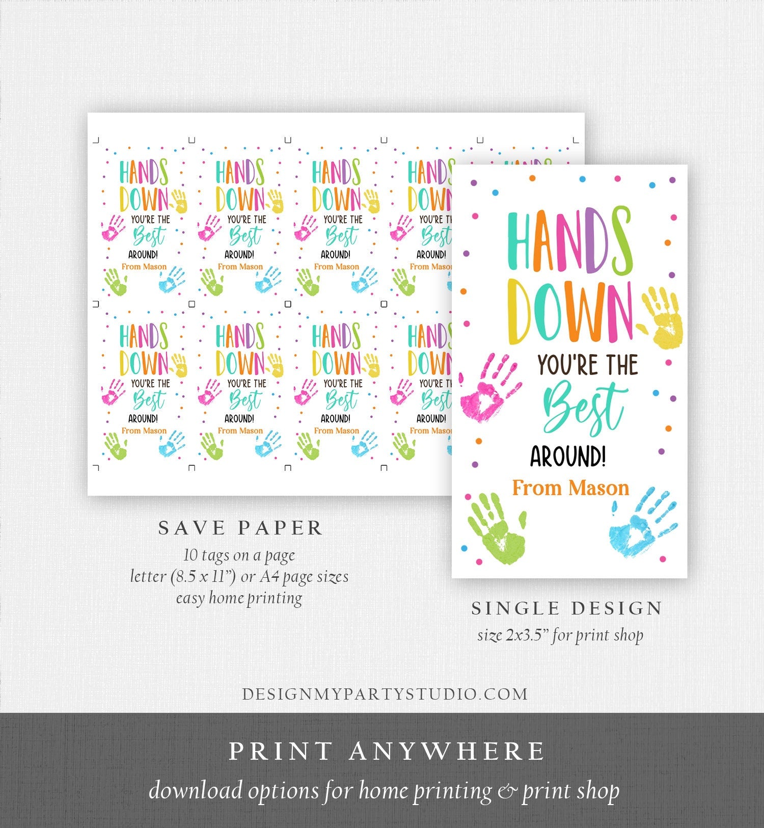 Editable Hands Down You're the Best Tags Teacher Appreciation Tag Gift tag Employee Hand Lotion Sanitizer Kids Corjl Template Printable 0464