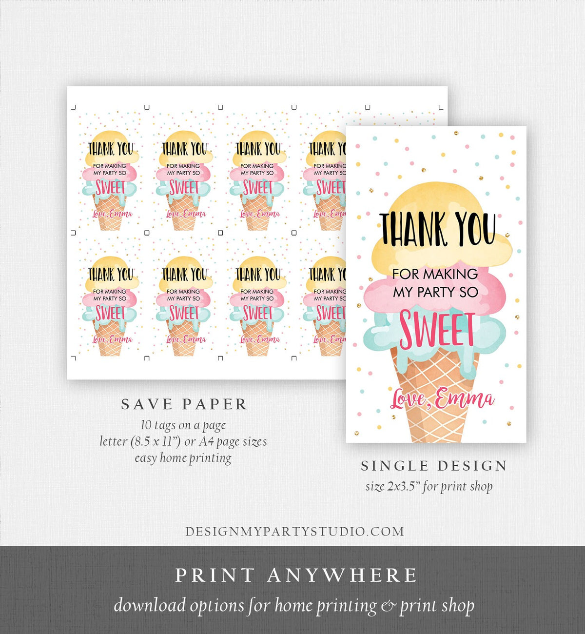 Editable Ice Cream Favor Thank You Tag Ice Cream Birthday Party Girl Pink Yellow Mint Gift Goodie Bag Label Digital Template Printable 0243