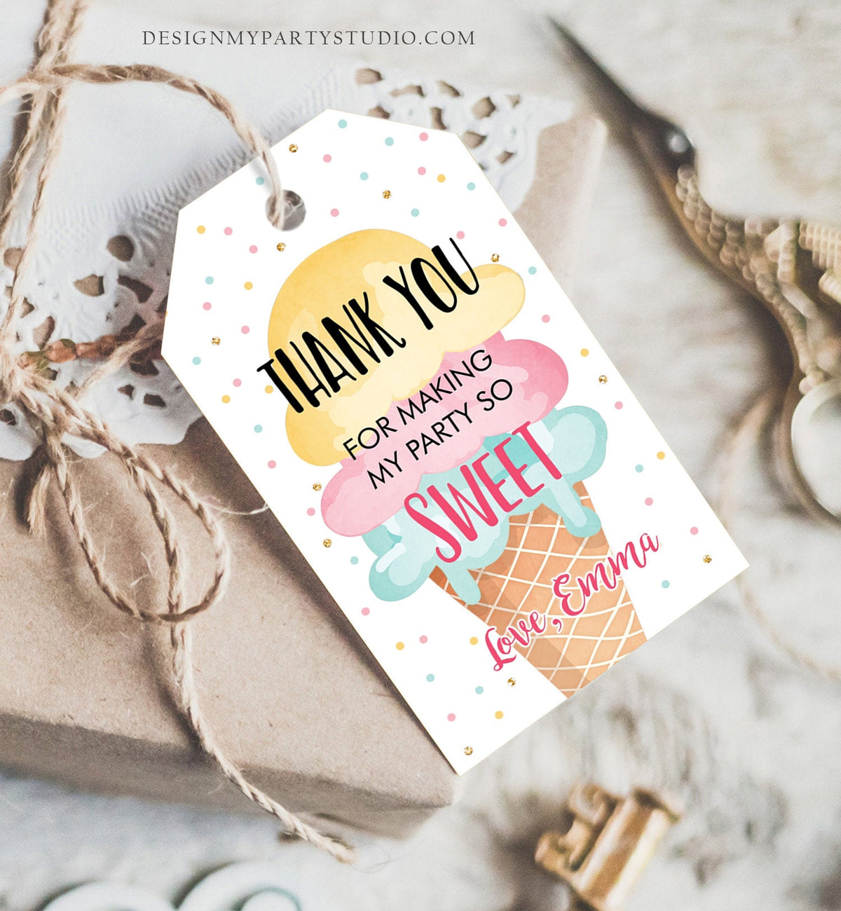 Editable Ice Cream Favor Thank You Tag Ice Cream Birthday Party Girl Pink Yellow Mint Gift Goodie Bag Label Digital Template Printable 0243