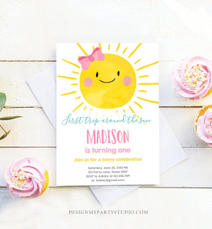 Editable First Tip Around the Sun Birthday Invitation Sunshine First Birthday 1st Party Pink Girl Bow Summer Download Corjl Template 0141
