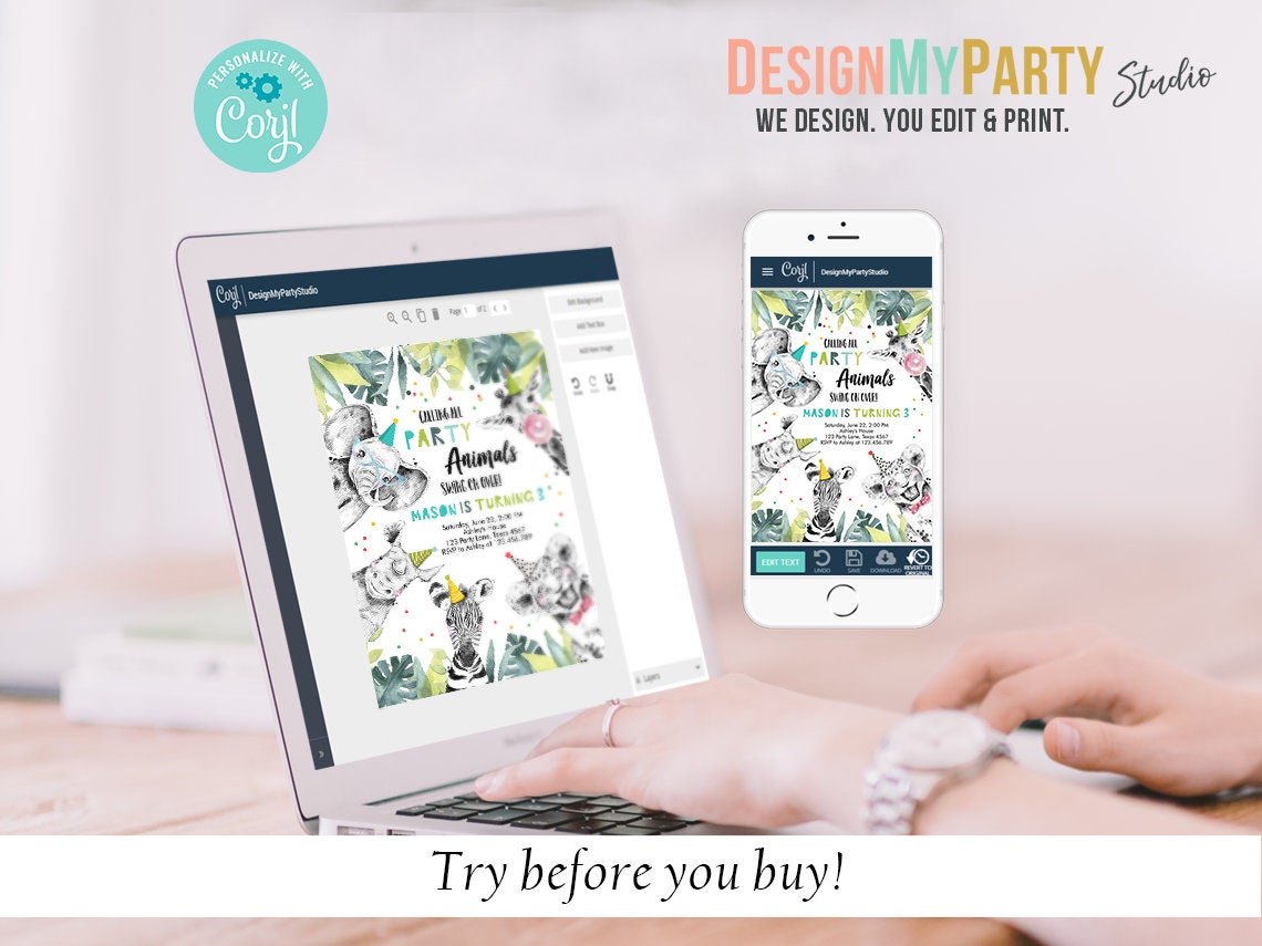 Party Animals Birthday Invitation Bundle Wild One Animals Zoo Safari Animals Boy Two Wild Party Pack Jungle Printable Corjl Template 0390