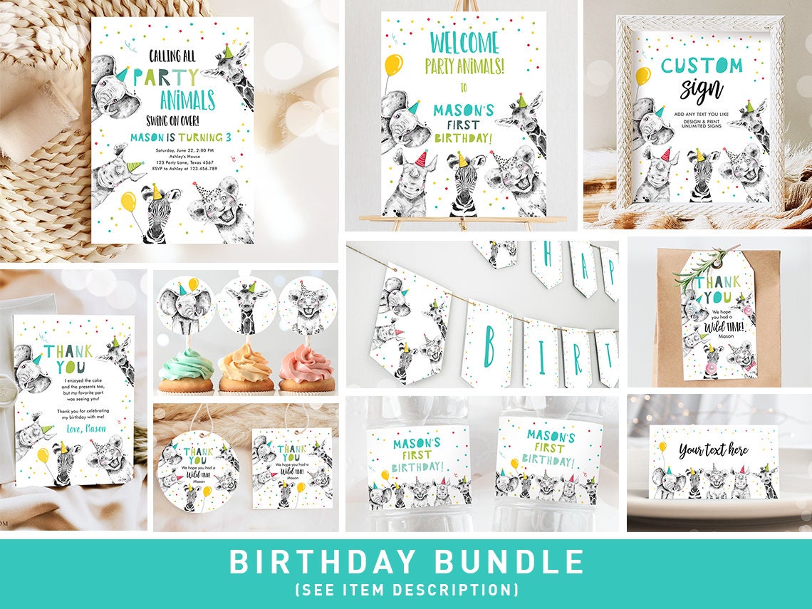 Party Animals Birthday Invitation Bundle Wild One Animals Zoo Safari Animals Boy Two Wild Party Pack Jungle Printable Corjl Template 0390
