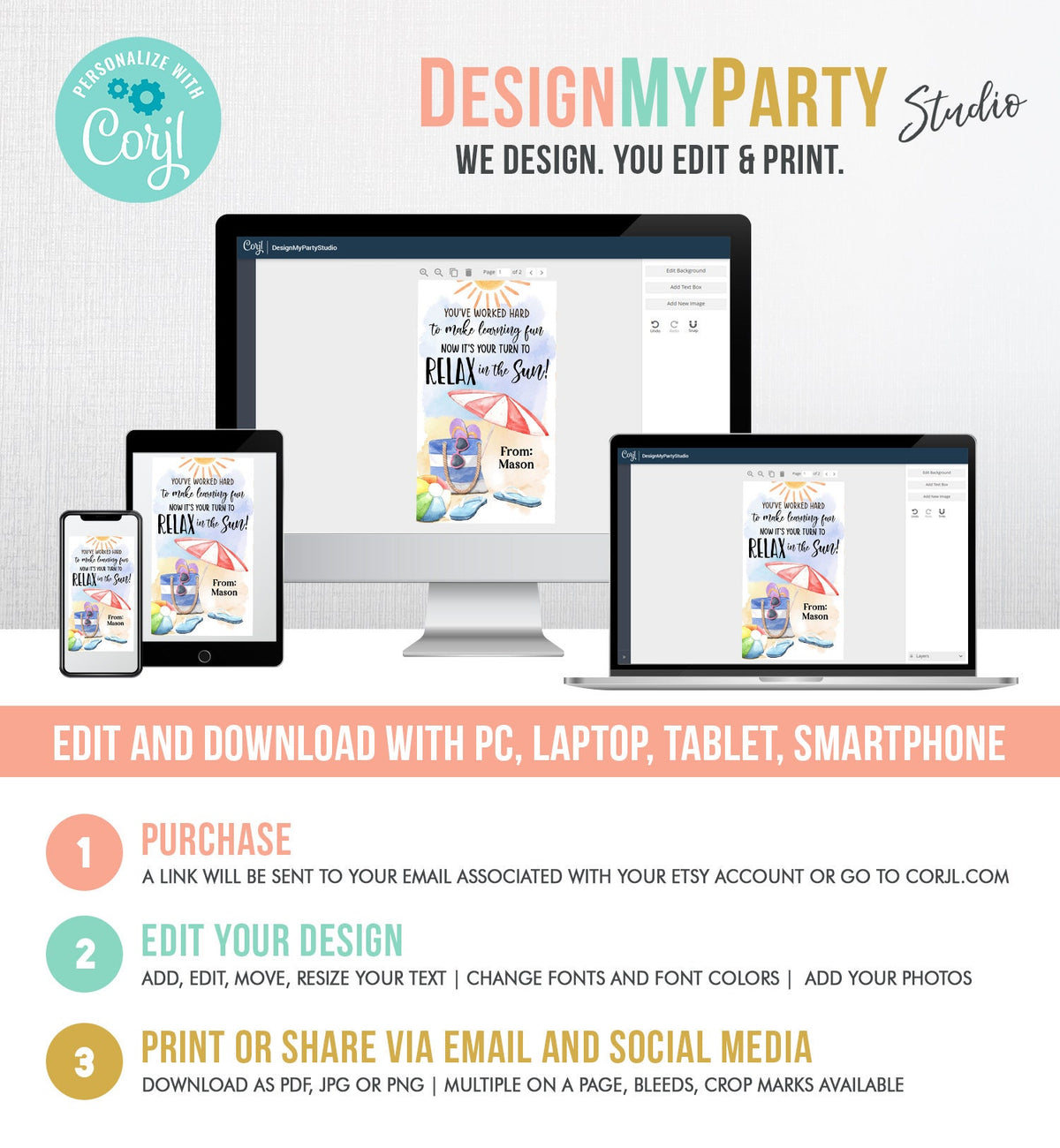 Editable Summer Teacher Appreciation Gift Tag Kids Your Turn To Relax In The Sun Tag End Of School Year Tag Digital Template Printable 0464