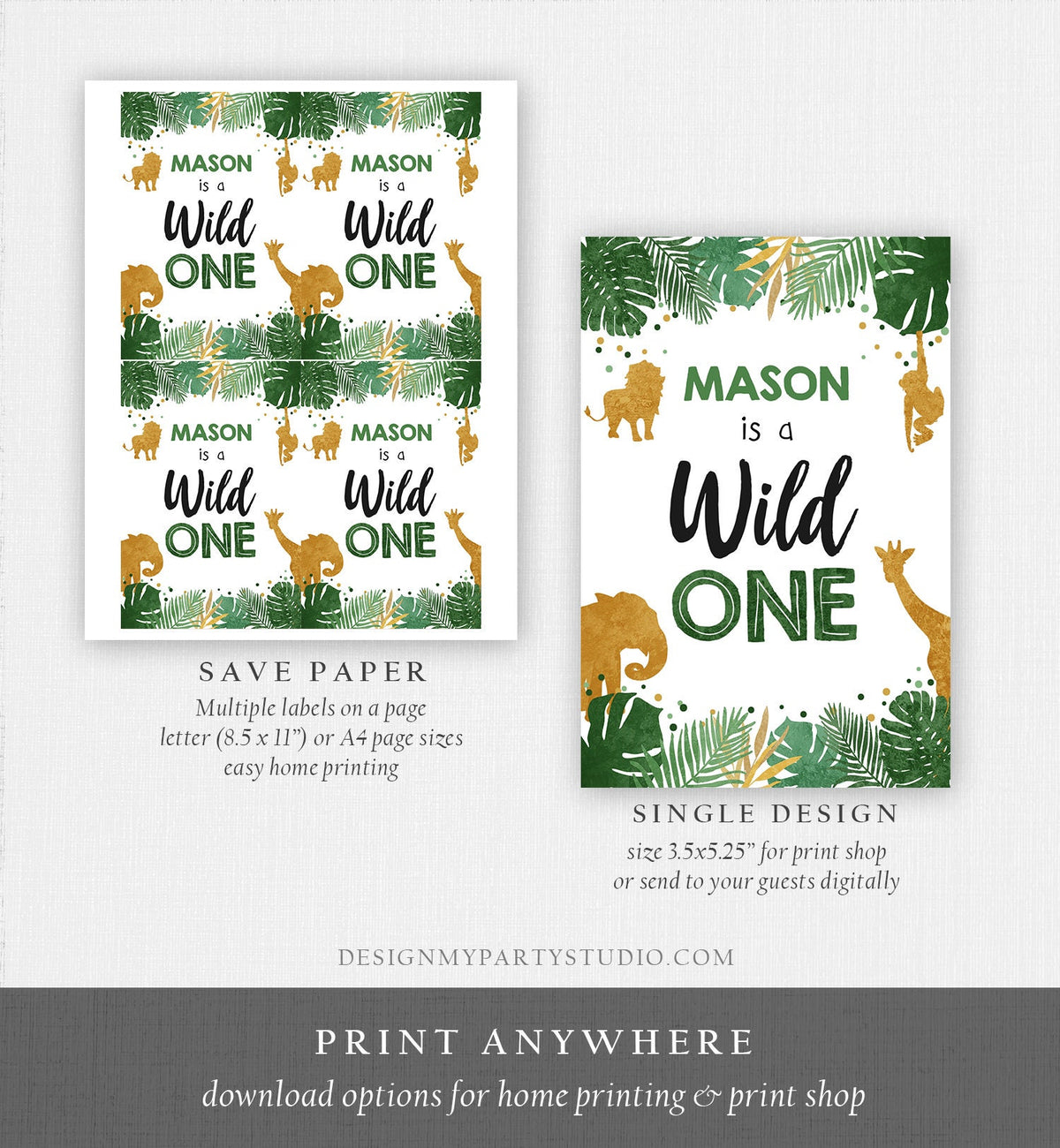Editable Safari Animals Juice Pouch Label Juice Favors Gold Boy Birthday Wild One Party Animals Digital Download Template Printable 0016