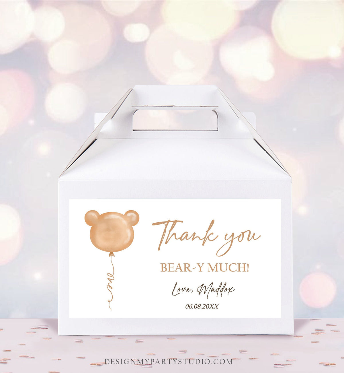 Editable Teddy Bear Gable Box Favor Label Bear 1st Birthday Favor Box Label Boy Bear-y First Modern Digital Download Printable Corjl 0439