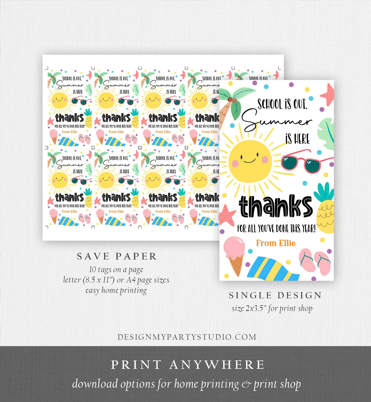 Editable Teacher Appreciation Gift Tags Sunshine Thank You Tag School is Out Summer is Here End of Year Tag Digital Template Printable 0464