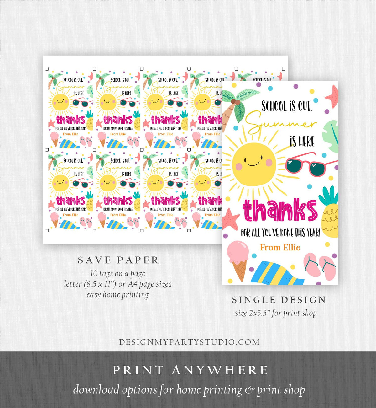 Editable Teacher Appreciation Gift Tags Sunshine Thank You Tag School is Out Summer is Here End of Year Tag Digital Template Printable 0464
