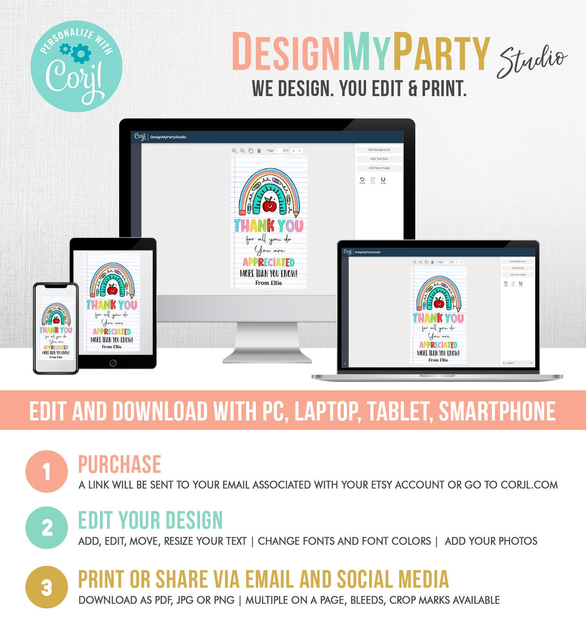 Editable Teacher Appreciation Tags Teacher Tag Thank You Gift End of School Year Appreciation Week Rainbow Digital Template Printable 0464