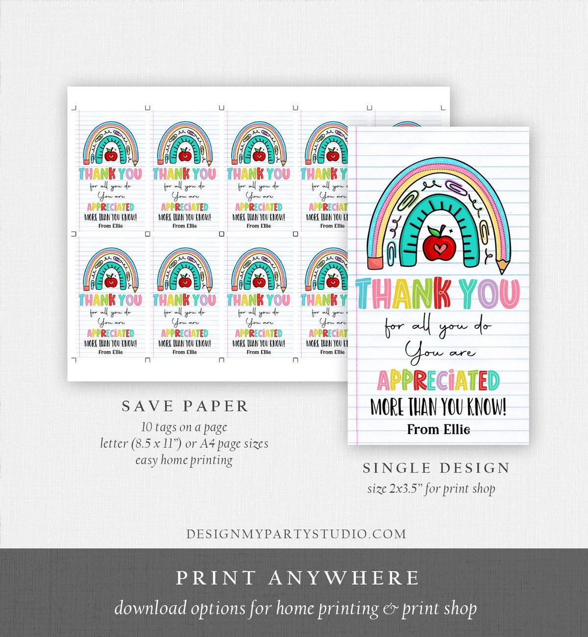 Editable Teacher Appreciation Tags Teacher Tag Thank You Gift End of School Year Appreciation Week Rainbow Digital Template Printable 0464
